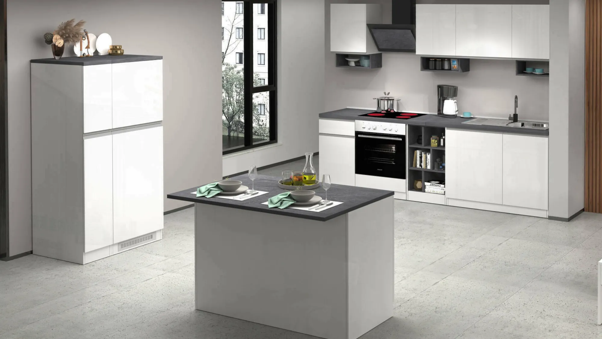 Cucina completa Balme, 100% Made in Italy, Bianco lucido e Ardesia<Dmora Sale