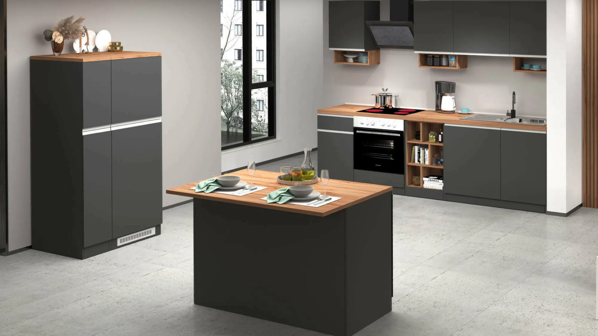 Cucina completa Danderso, 100% Made in Italy, Antracite e Rovere<Dmora Online