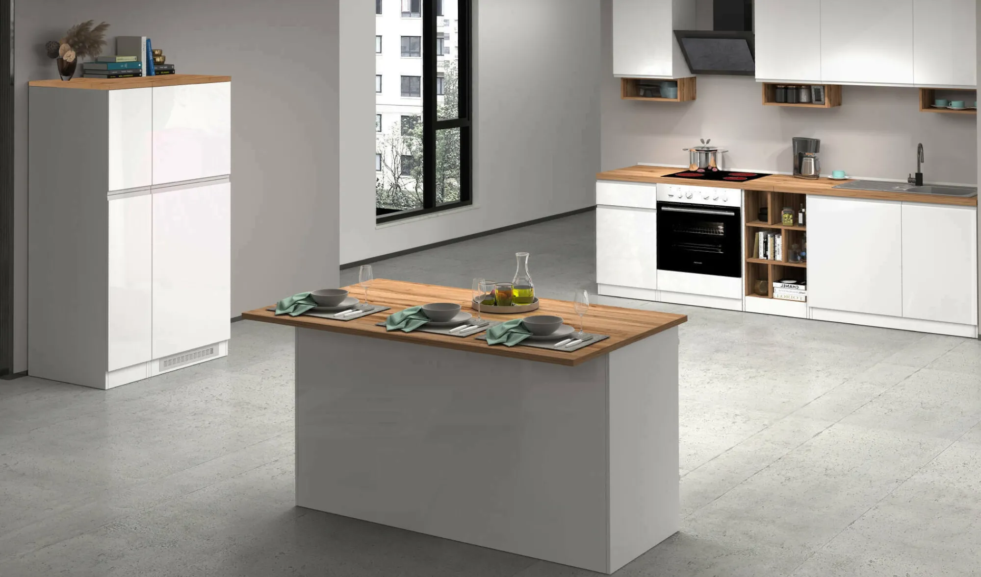 Cucina completa Daquilant, 100% Made in Italy, Bianco lucido e Rovere<Dmora Outlet