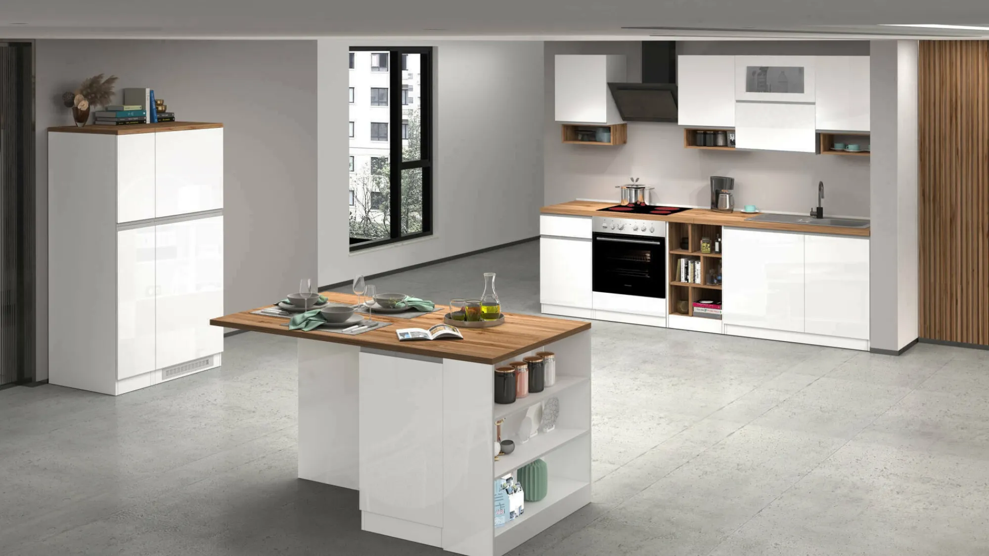 Cucina completa Daquilant, 100% Made in Italy, Bianco lucido e Rovere<Dmora Cheap