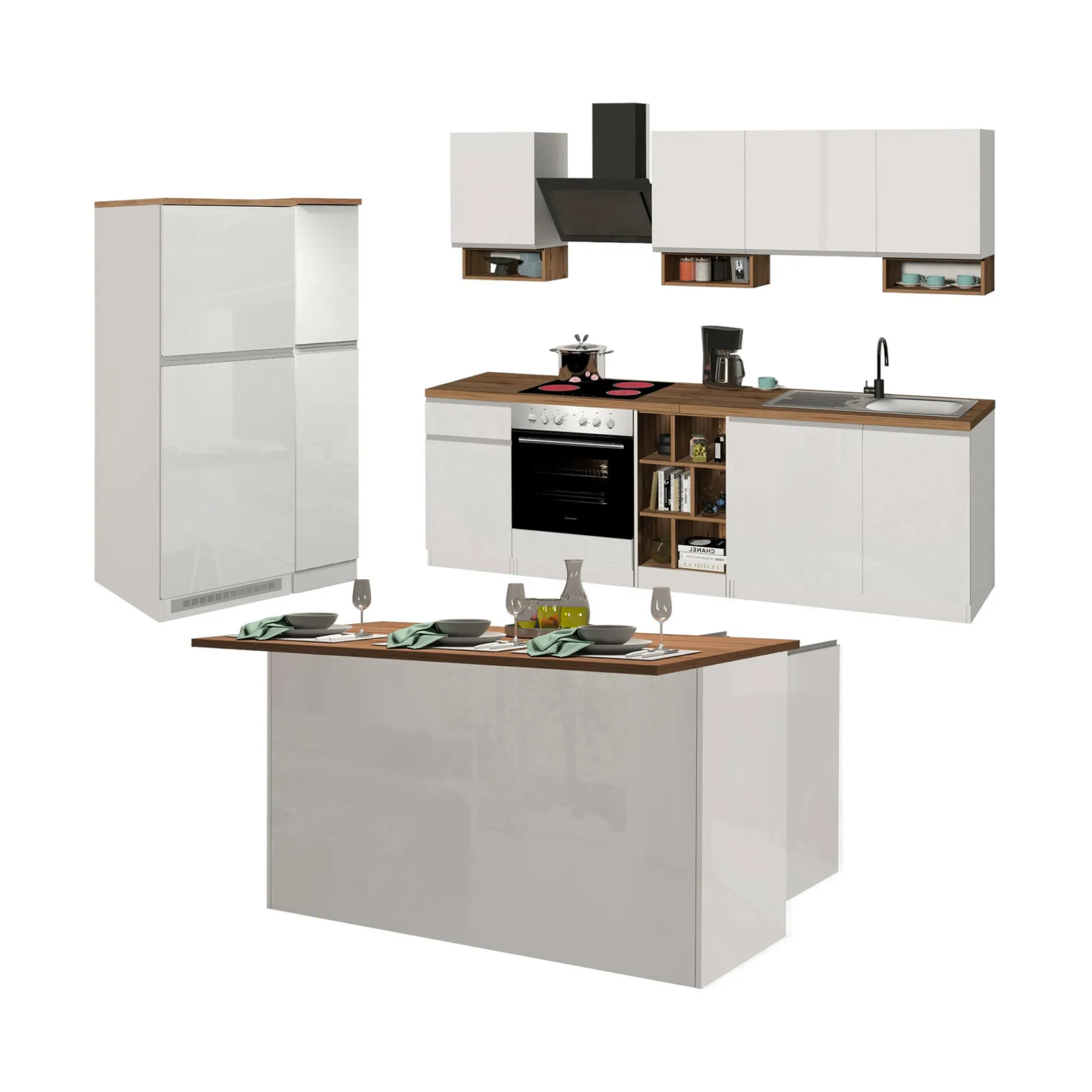 Cucina completa Daquilant, 100% Made in Italy, Bianco lucido e Rovere<Dmora Outlet