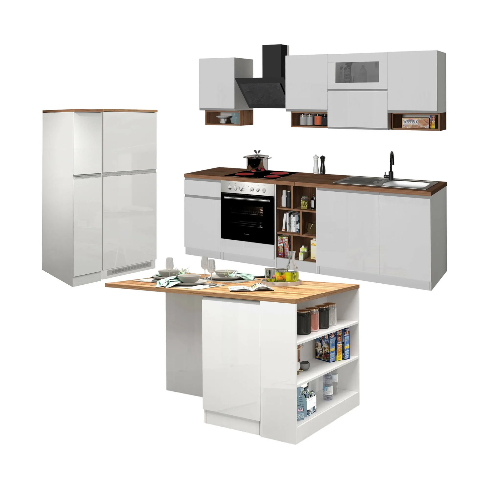 Cucina completa Daquilant, 100% Made in Italy, Bianco lucido e Rovere<Dmora Cheap