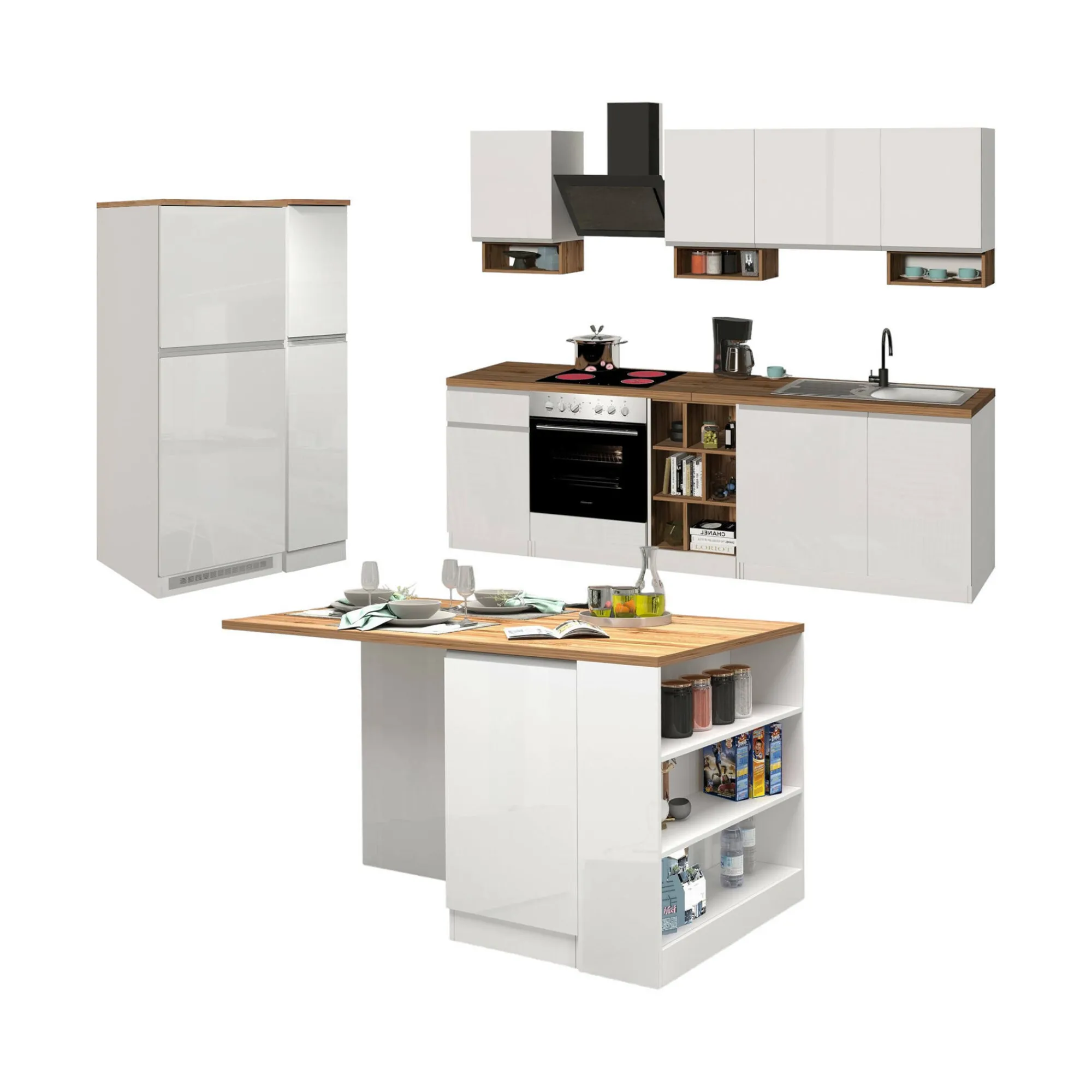 Cucina completa Daquilant, 100% Made in Italy, Bianco lucido e Rovere<Dmora Flash Sale