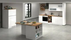 Cucina completa Fonti, 255x60h85 cm, Bianco lucido e Rovere<Dmora Sale