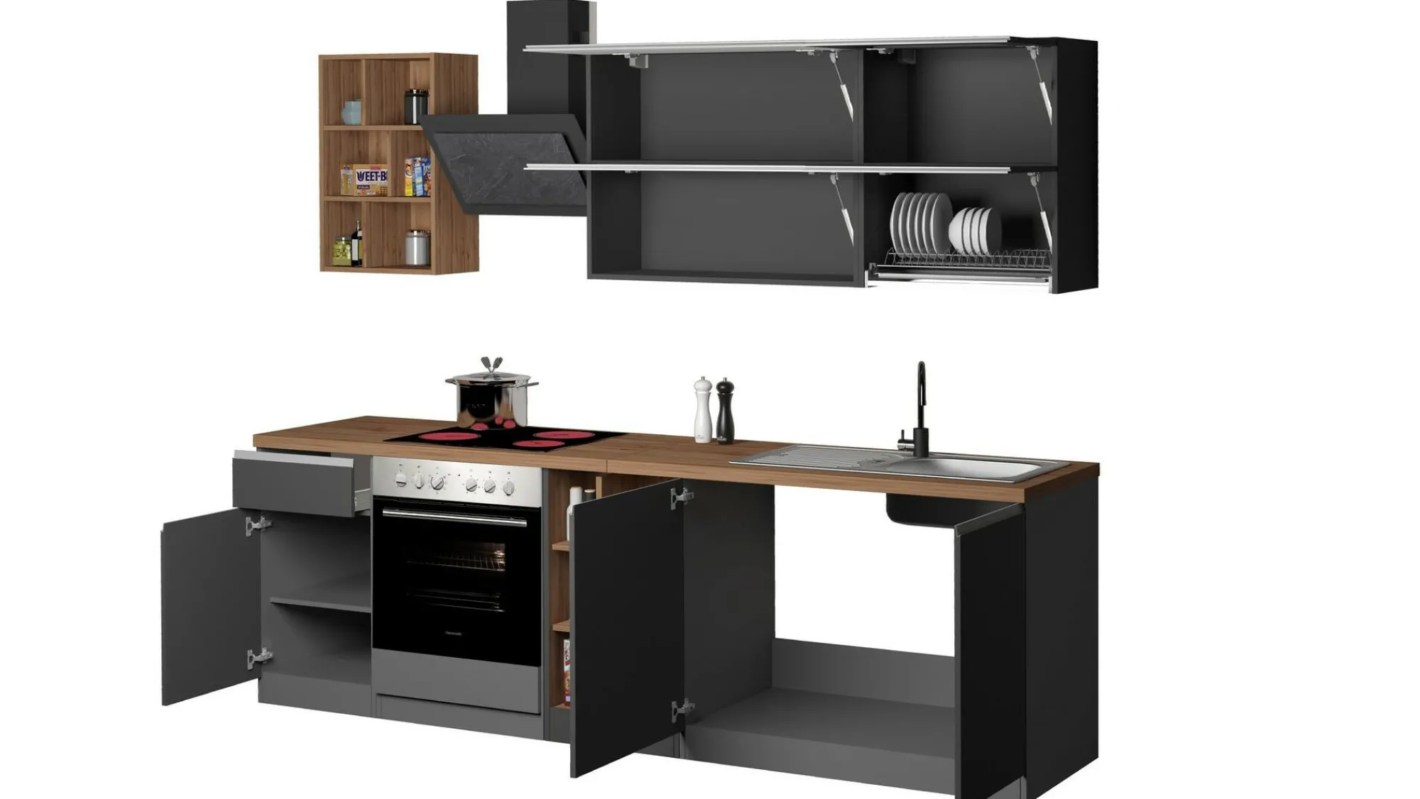 Cucina completa Fonti, 255x60h85 cm, Antracite e Rovere<Dmora Store