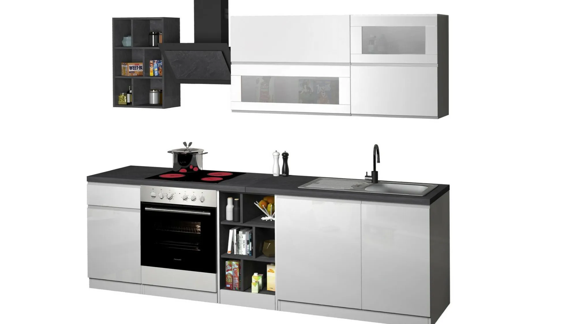 Cucina completa Fonti, 255x60h85 cm, Bianco lucido e Ardesia<Dmora Flash Sale