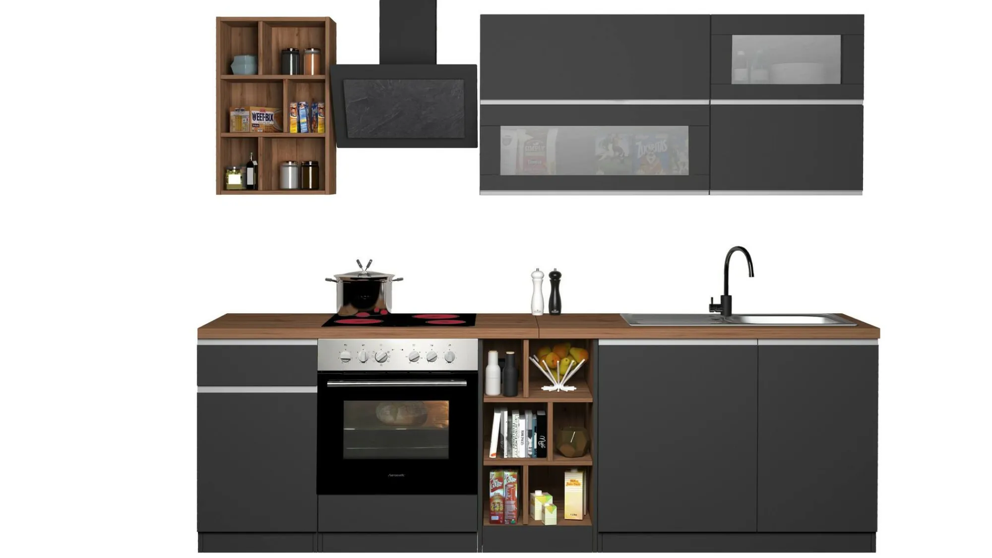 Cucina completa Fonti, 255x60h85 cm, Antracite e Rovere<Dmora Store