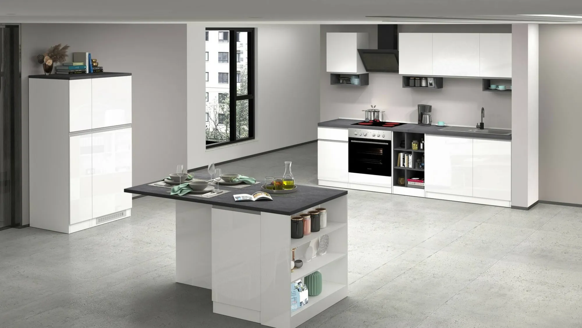 Dispensa da cucina Atrax, 30x60h165 cm, Bianco lucido e Ardesia<Dmora Discount