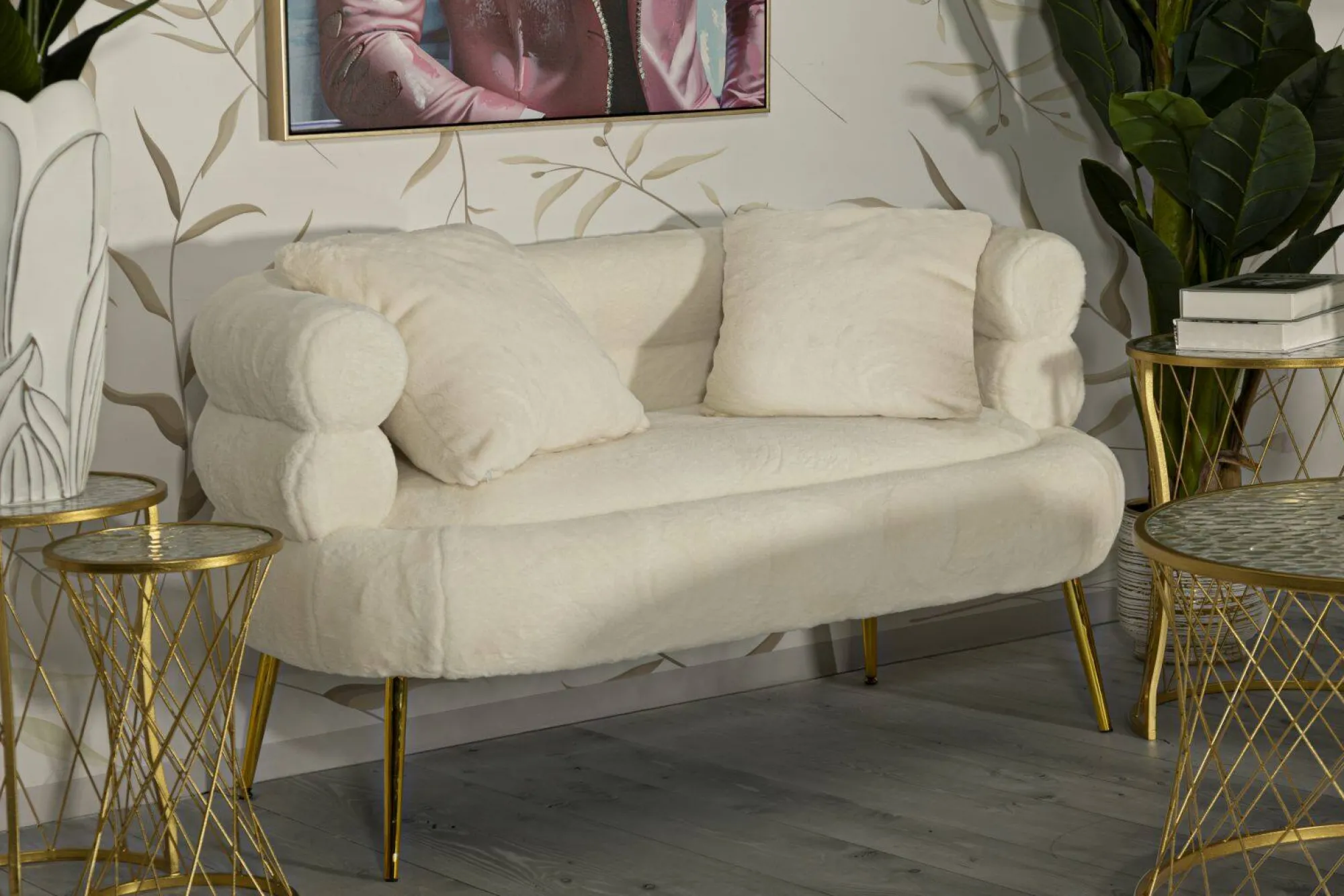 Divano fisso 2 posti Casier, 133x68 h69 cm, Bianco e Oro<Dmora Sale