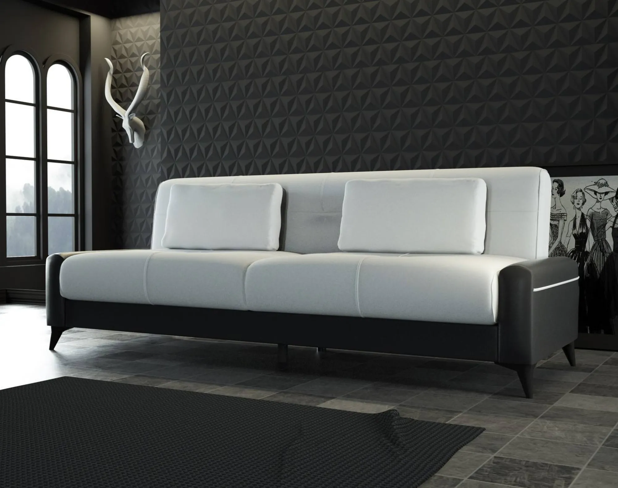 Divano letto 3 posti Belluno, 207x92h83 cm, Nero e Bianco<Dmora Discount