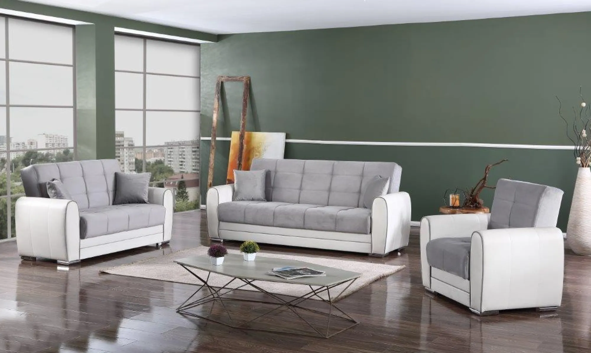 Divano letto 3 posti Dike, 220x84h91 cm, Bianco e Grigio<Dmora New