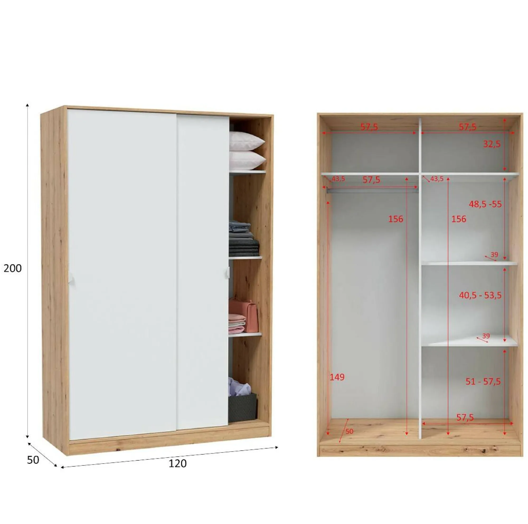 Guardaroba 2 ante Adrenalin, 120x50h200 cm, Bianco e Rovere Nodi<Dmora Clearance