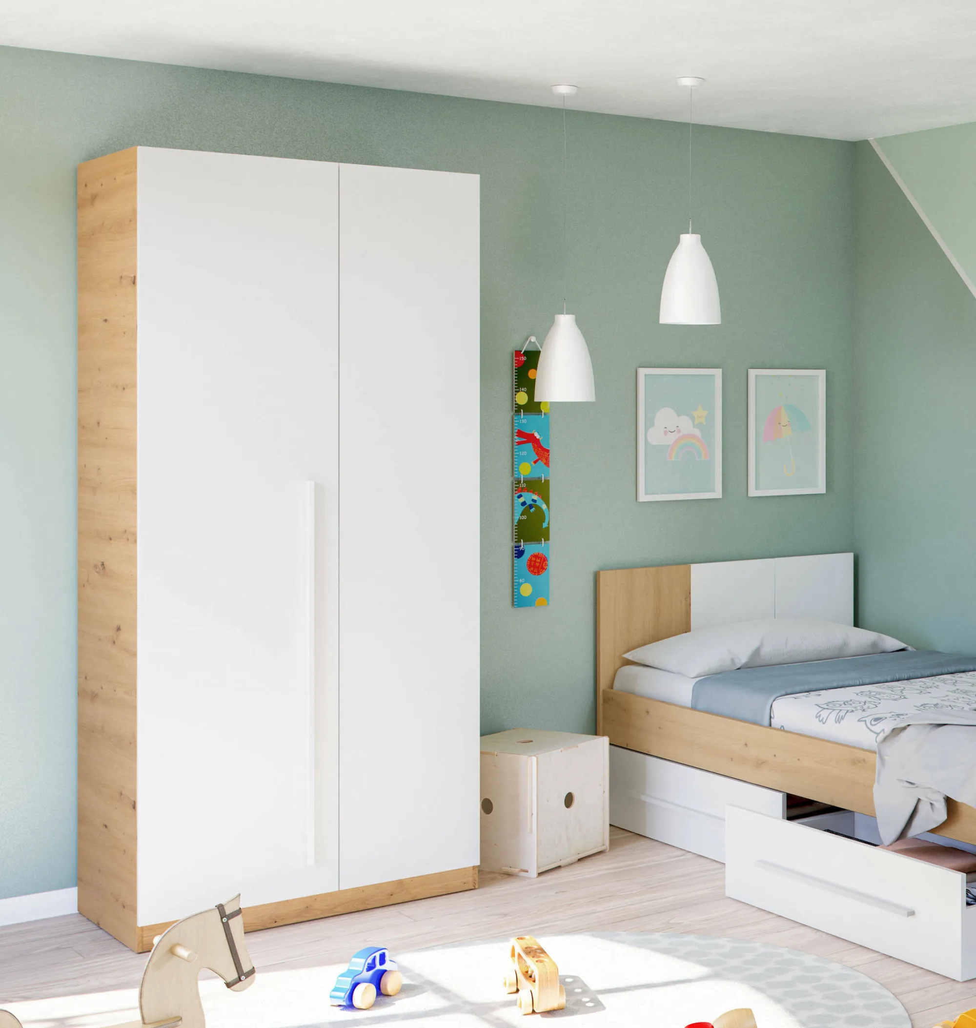 Guardaroba 2 ante Alpine, 90x52h200 cm, Rovere nodi e Bianco<Dmora Online