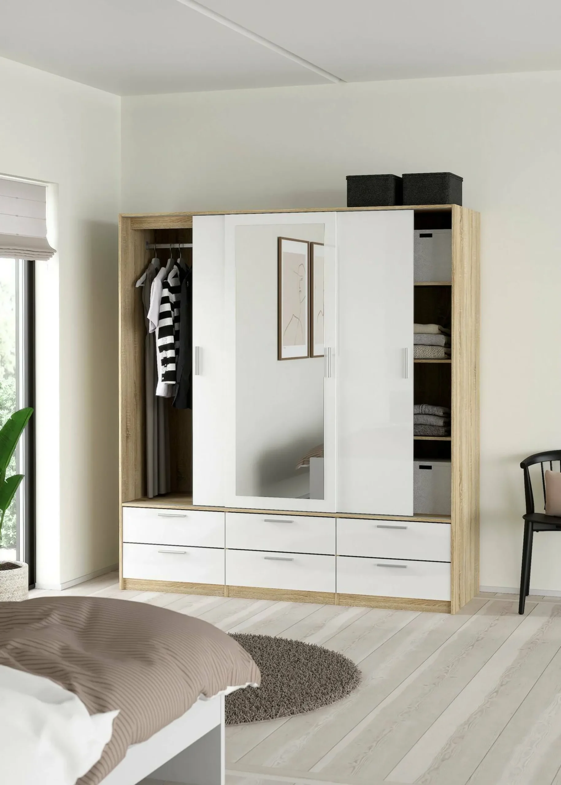 Guardaroba 3 ante Anabelle, Mobile camera da letto, Cabina armadio portabiti, Armadio appendiabiti, 181x60 h200 cm, Quercia e Bianco<Dmora Hot