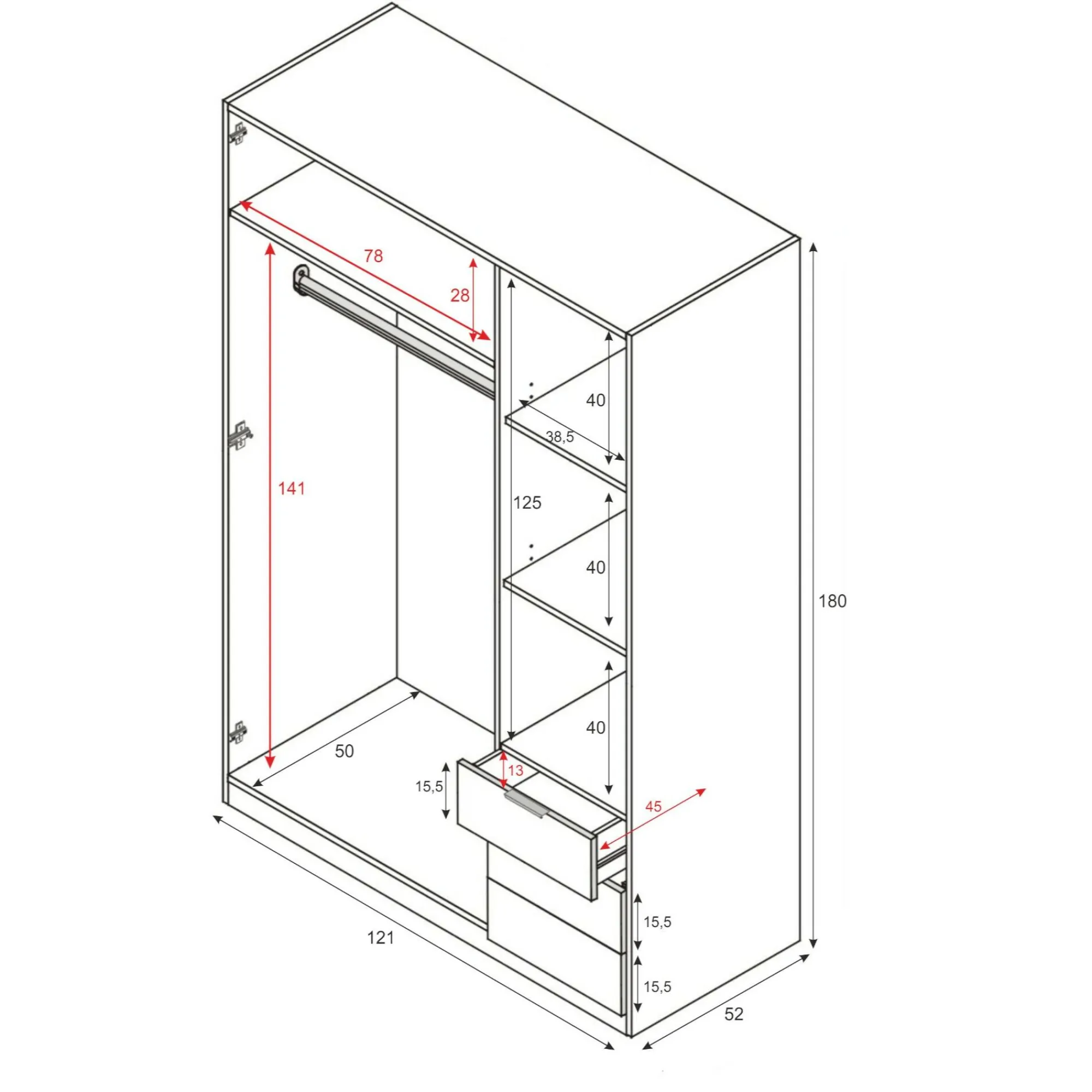 Guardaroba 3 ante Apaches, 121x52h180 cm, Bianco e Rovere<Dmora Discount