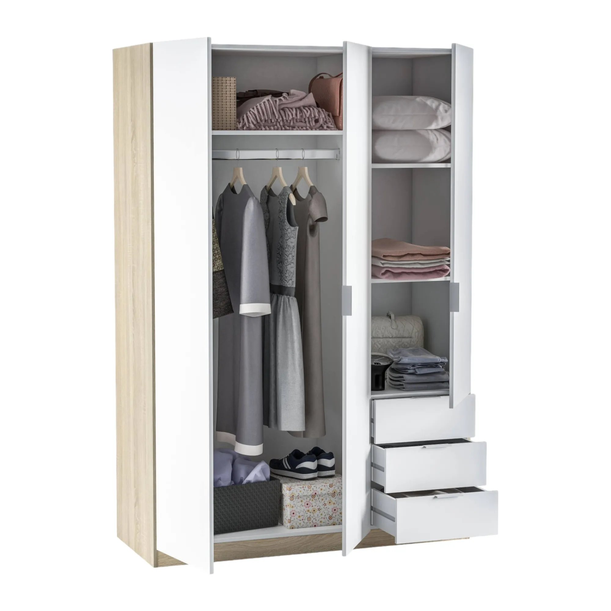Guardaroba 3 ante Apaches, 121x52h180 cm, Bianco e Rovere<Dmora Discount