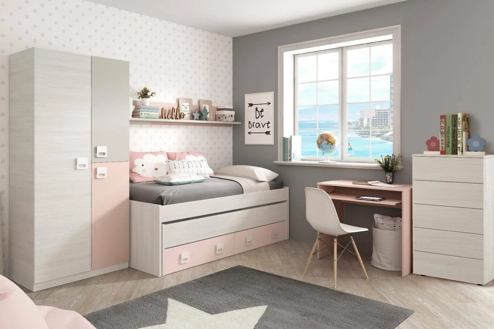 Guardaroba 3 ante Aronia, 90x52h200 cm, Grigio e Rosa<Dmora Cheap