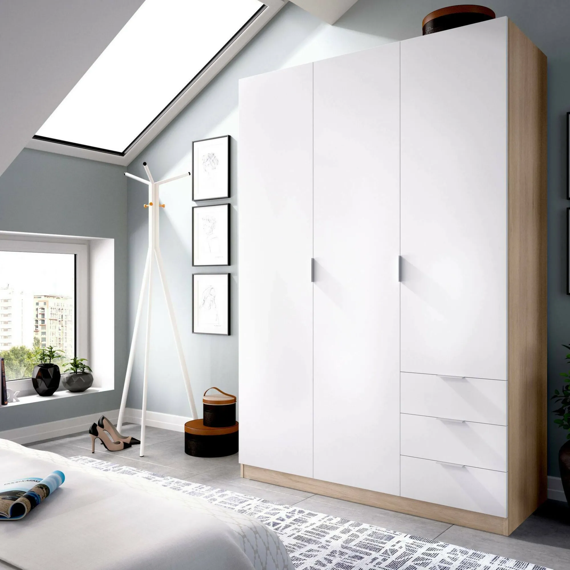 Guardaroba 3 ante Astru, 121x52h184 cm, Bianco e Rovere<Dmora Online