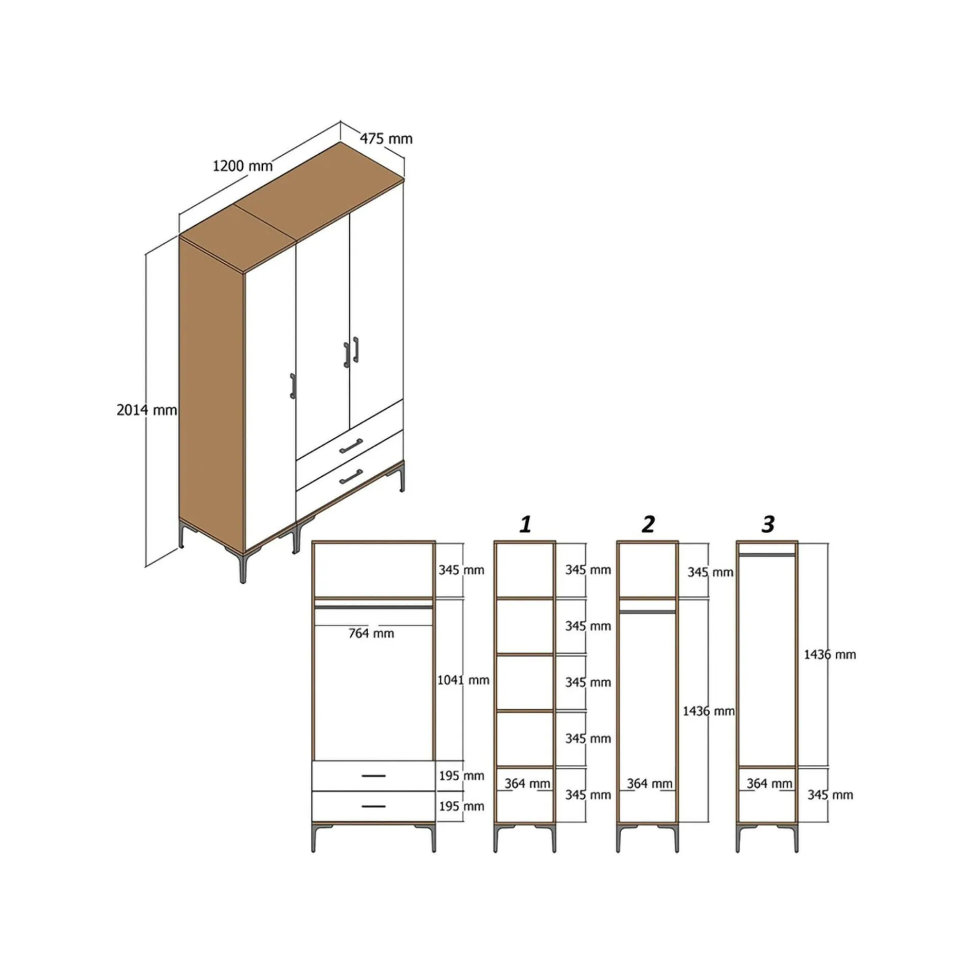 Guardaroba 3 ante Awty, 120x48h201 cm, Noce e Antracite<Dmora Cheap