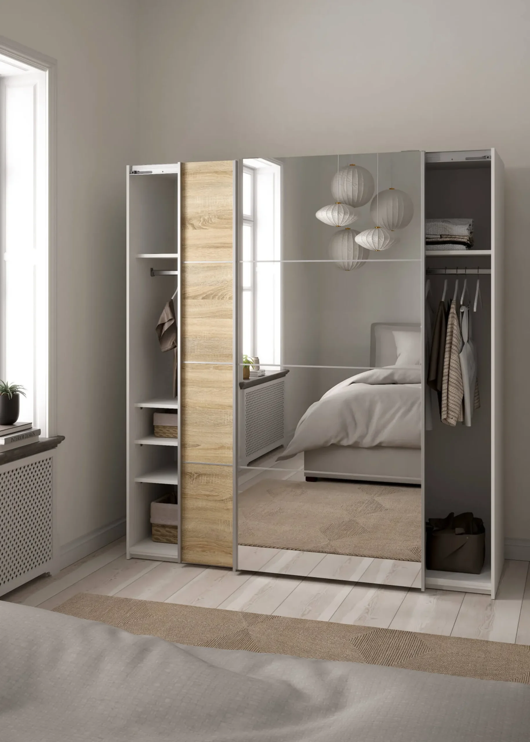 Guardaroba 2 ante Cerreto, 64x182 h202 cm, Bianco e Quercia<Dmora Discount