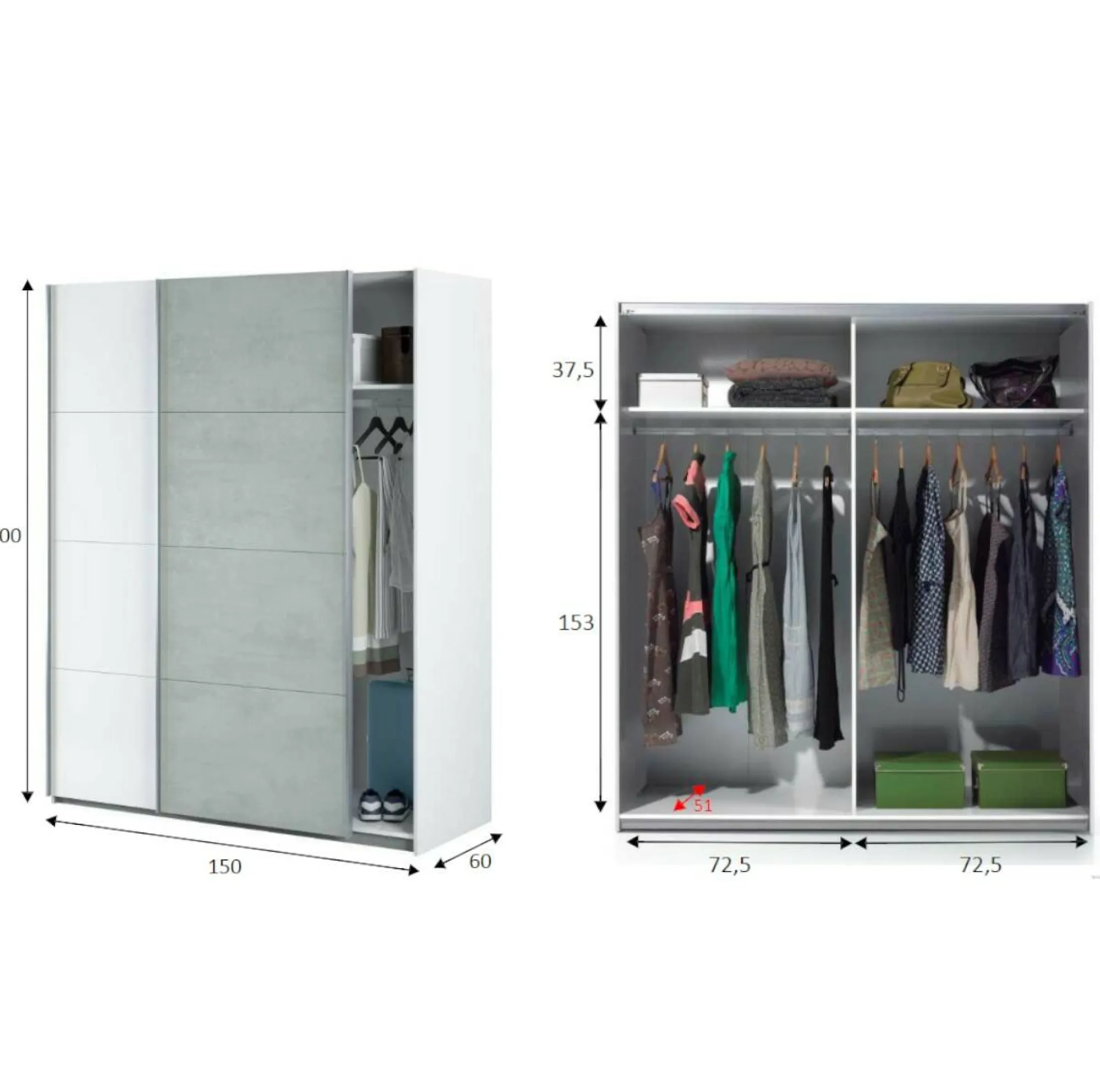 Guardaroba 2 ante Dmace, 150x60h200 cm, Bianco e Cemento<Dmora Shop