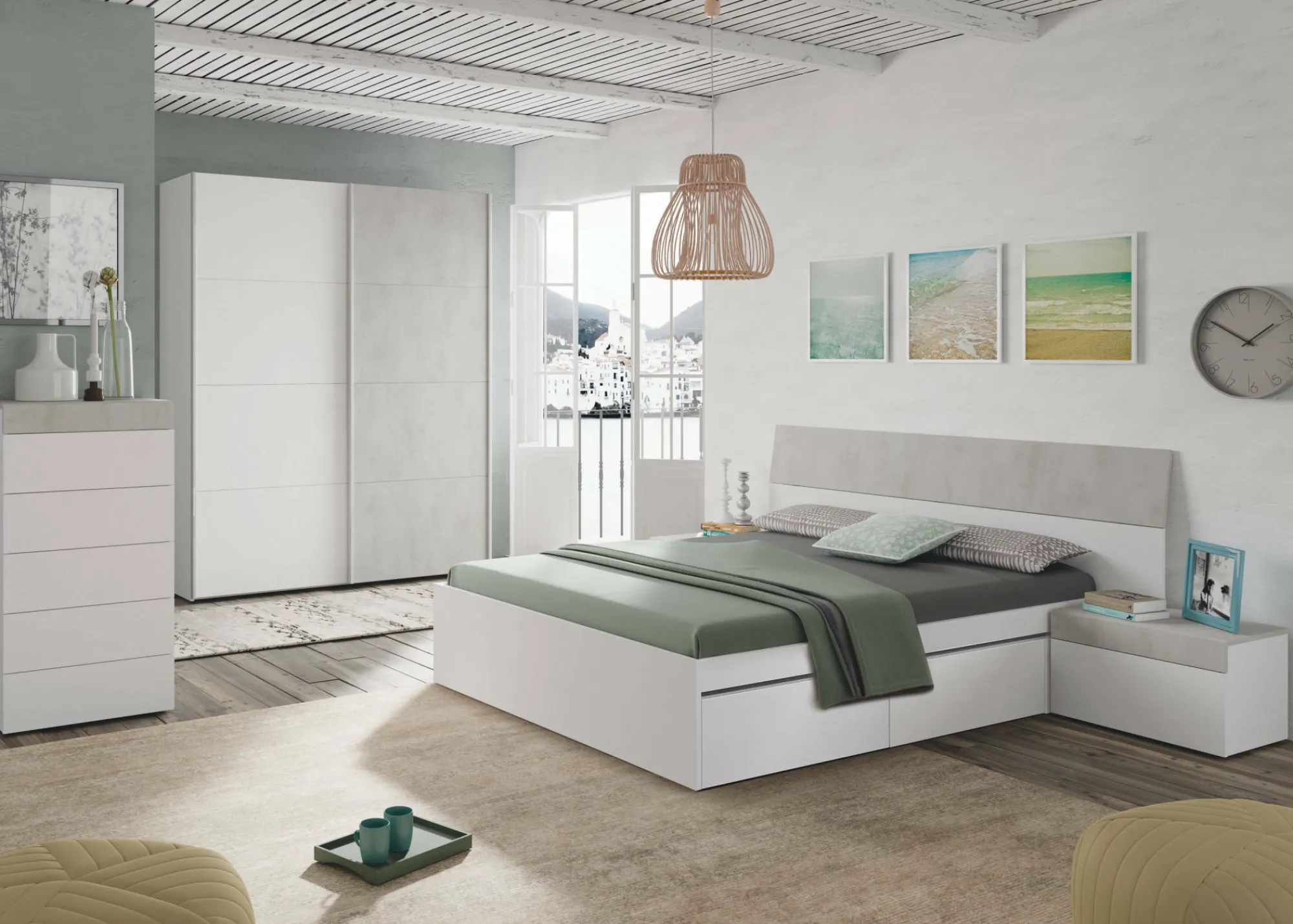 Guardaroba 2 ante Dmace, 150x60h200 cm, Bianco e Cemento<Dmora Shop