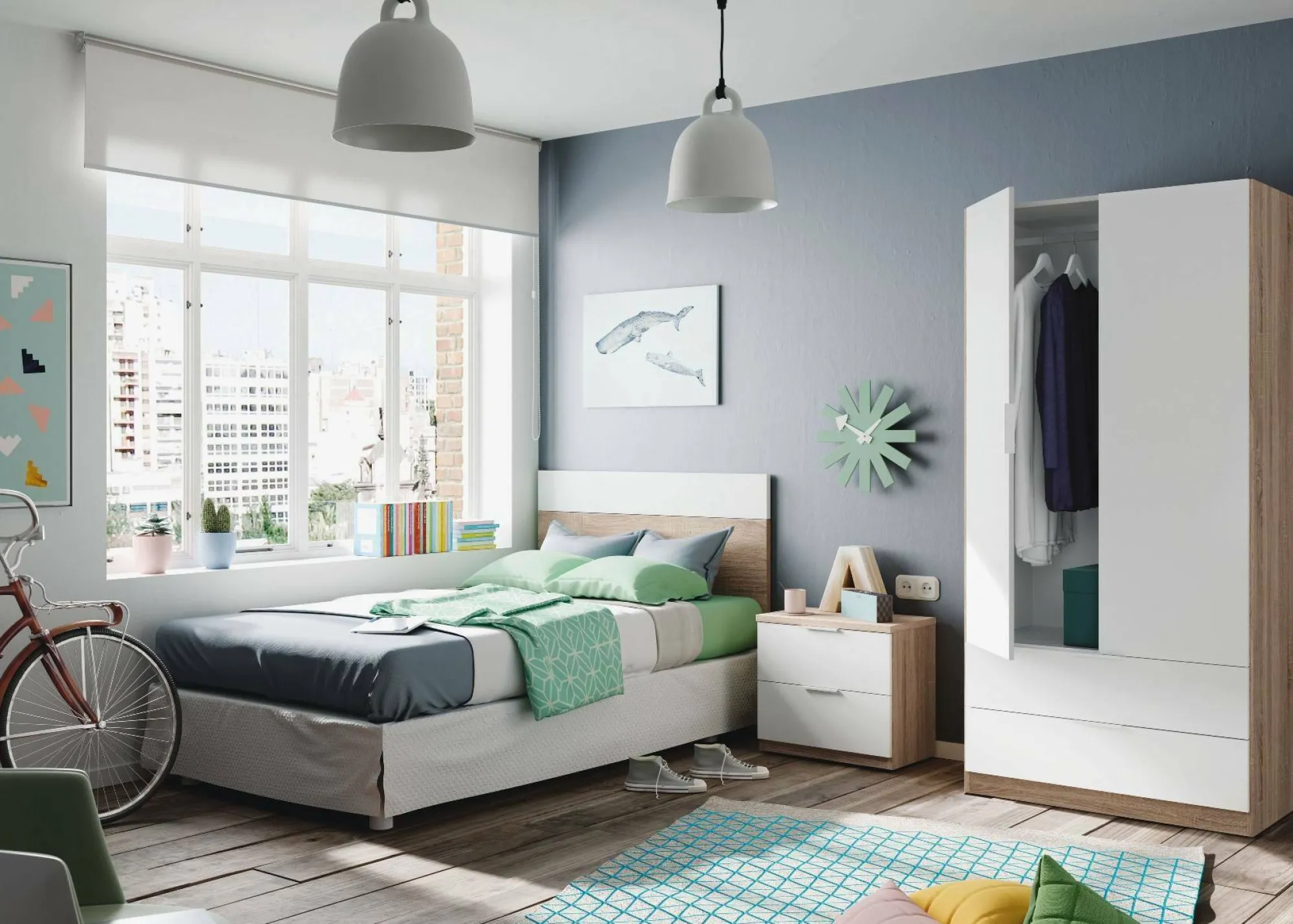 Guardaroba 2 ante Donan, 82x52h180 cm, Bianco e Rovere<Dmora Online
