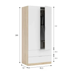 Guardaroba 2 ante Donan, 82x52h180 cm, Bianco e Rovere<Dmora Online