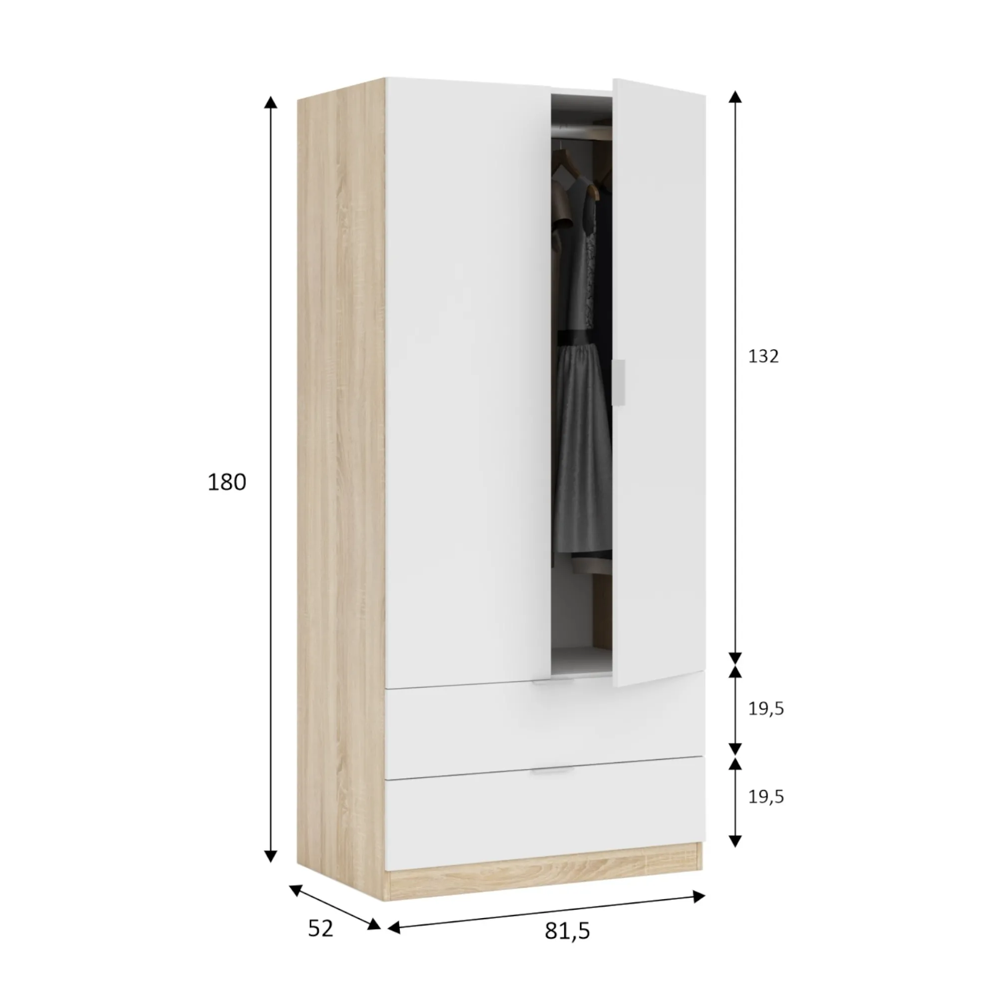 Guardaroba 2 ante Donan, 82x52h180 cm, Bianco e Rovere<Dmora Online
