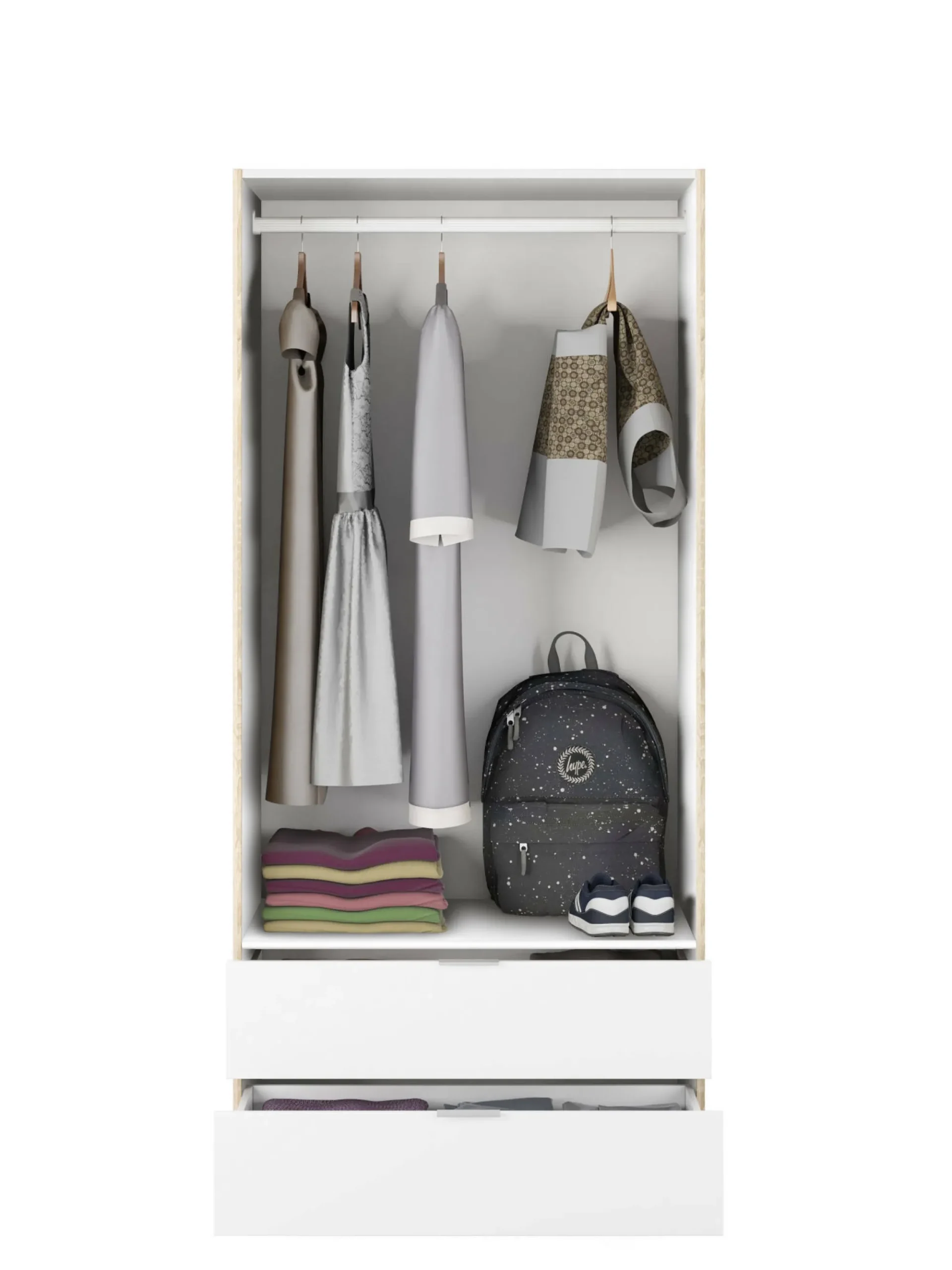 Guardaroba 2 ante Donan, 82x52h180 cm, Bianco e Rovere<Dmora Online