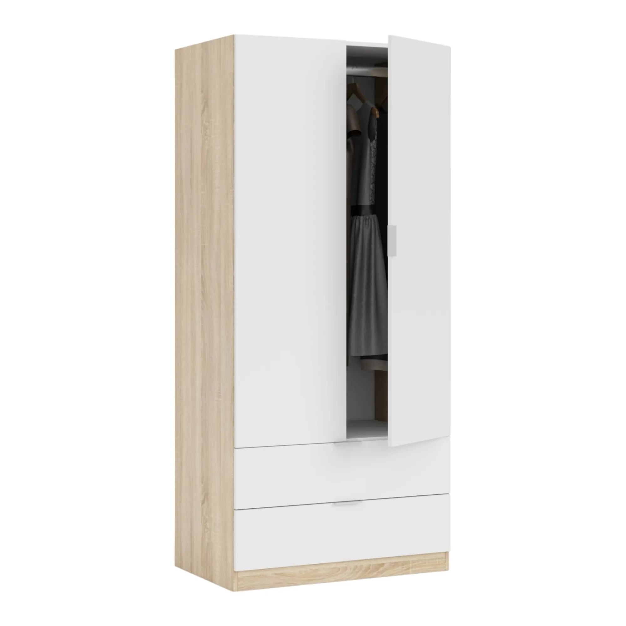 Guardaroba 2 ante Donan, 82x52h180 cm, Bianco e Rovere<Dmora Online