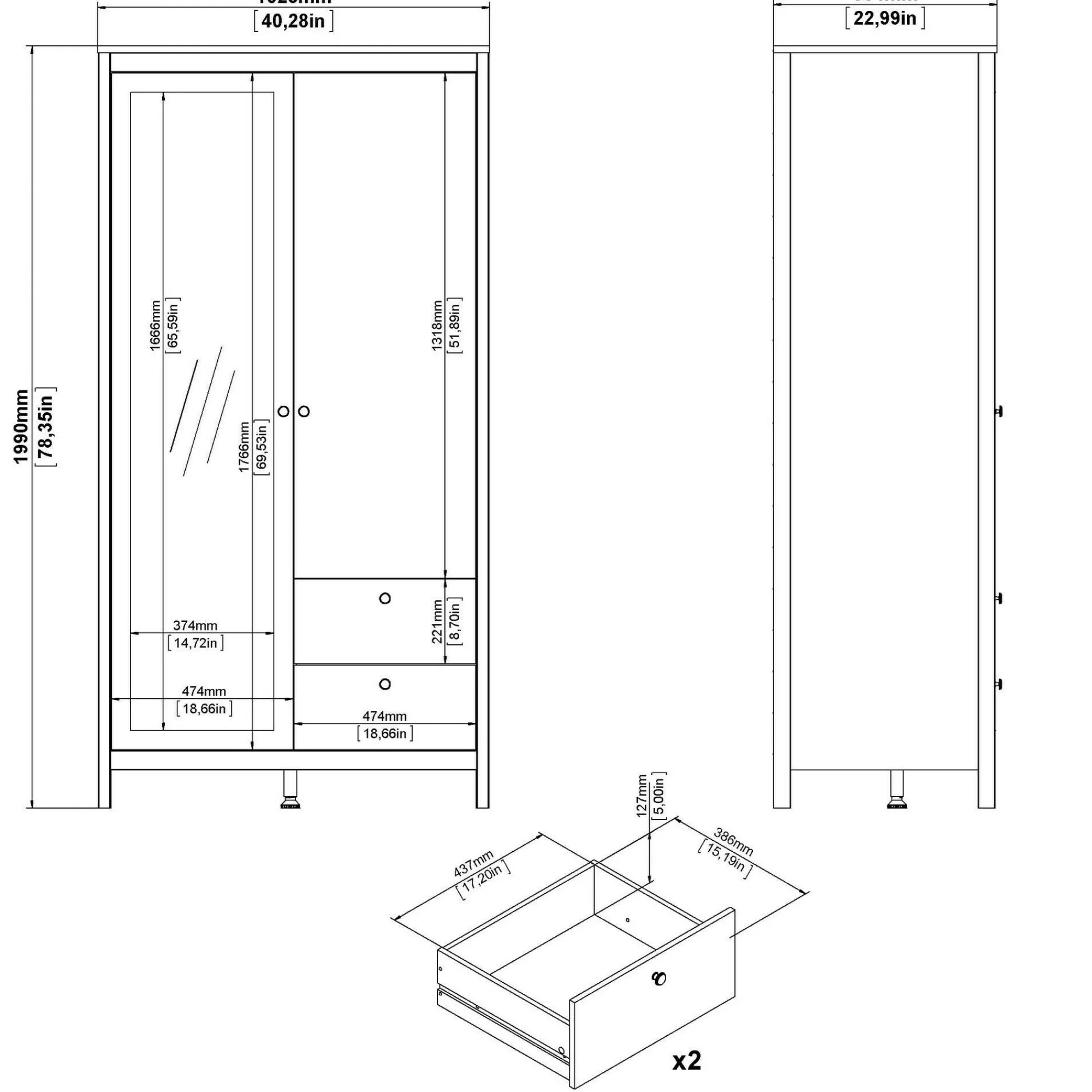 Guardaroba 2 ante Dscarlat, 58x102 h199 cm,<Dmora Store