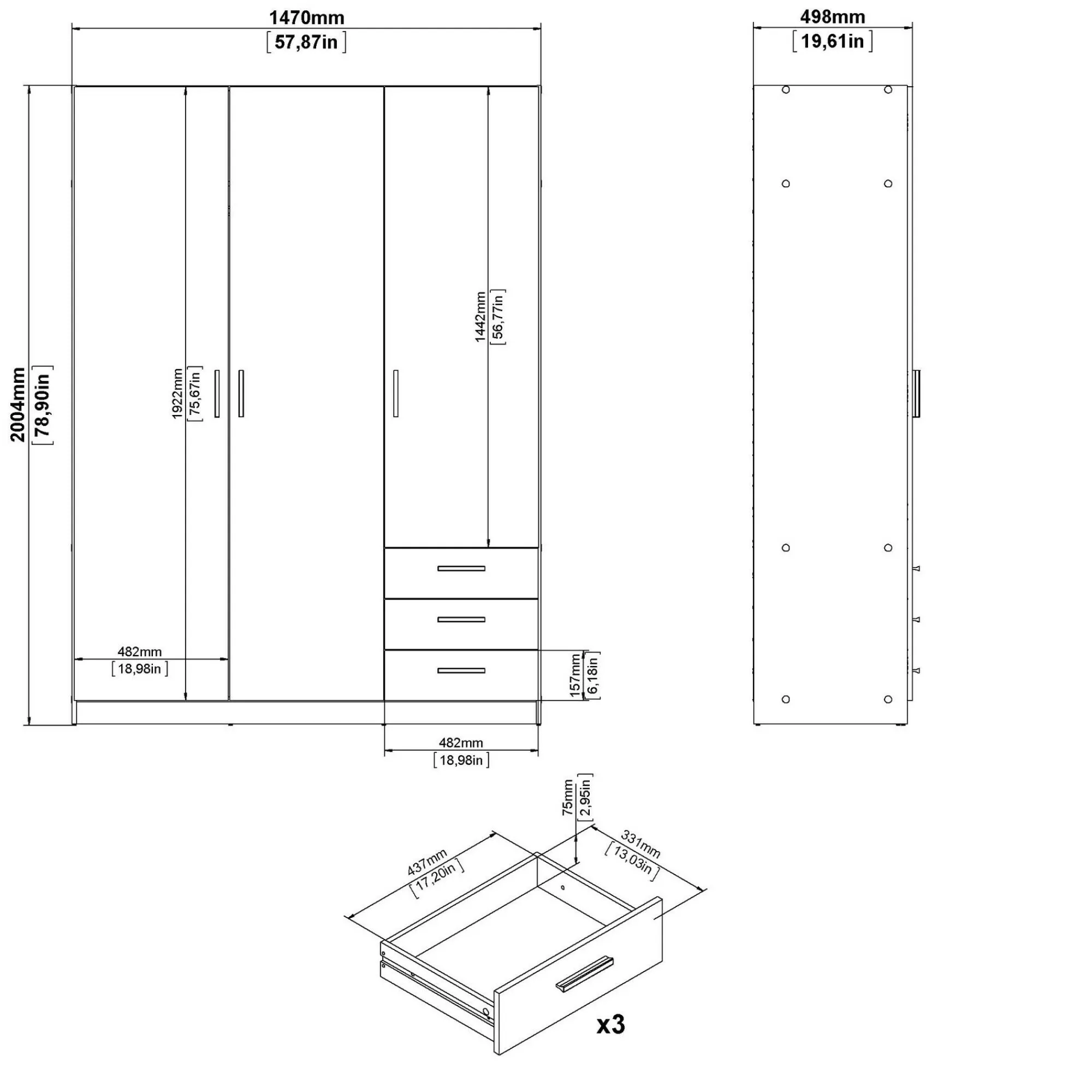 Guardaroba 3 ante Dsenk, 50x147 h200 cm,<Dmora Hot