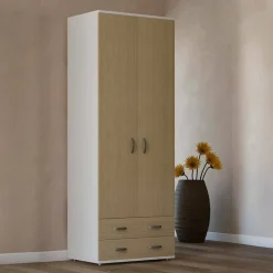 Guardaroba 2 ante Haishen, 80x52h170 cm, Bianco e Rovere<Dmora Best Sale