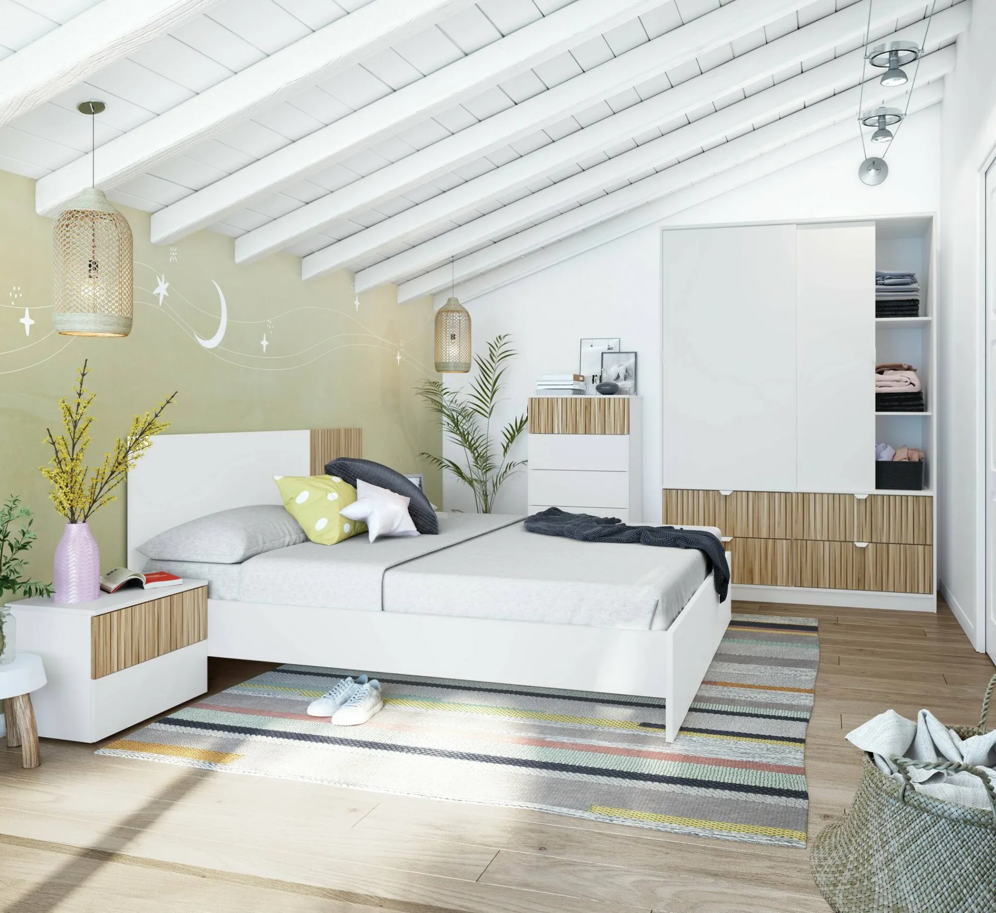 Guardaroba 2 ante Ineng, 140x60 h200 cm, Bianco e Rovere<Dmora New