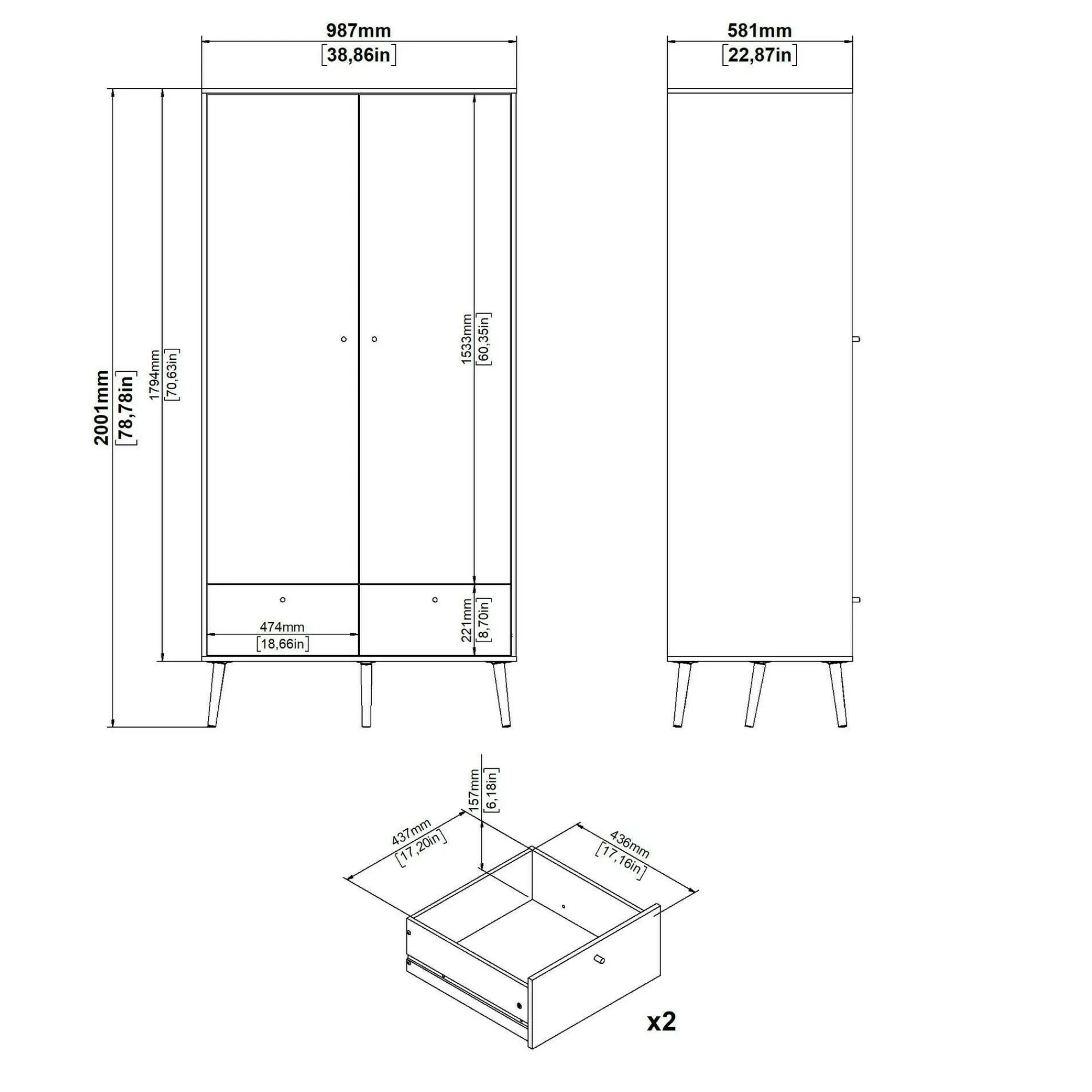 Guardaroba 2 ante Kahina, 58x99 h200 cm,<Dmora Shop