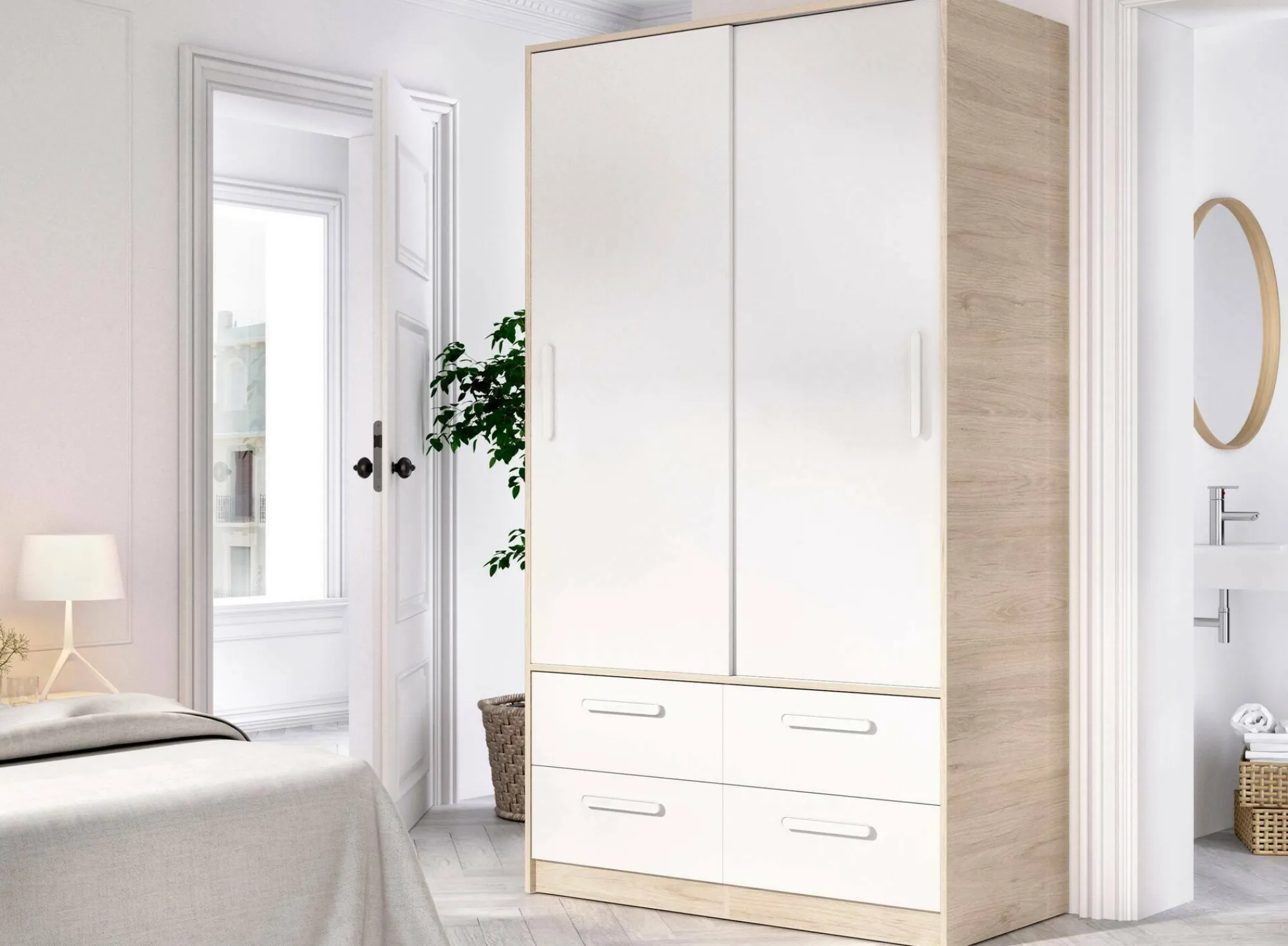 Guardaroba 2 ante Kirogi, 120x60 h204 cm, Bianco e Rovere<Dmora Online