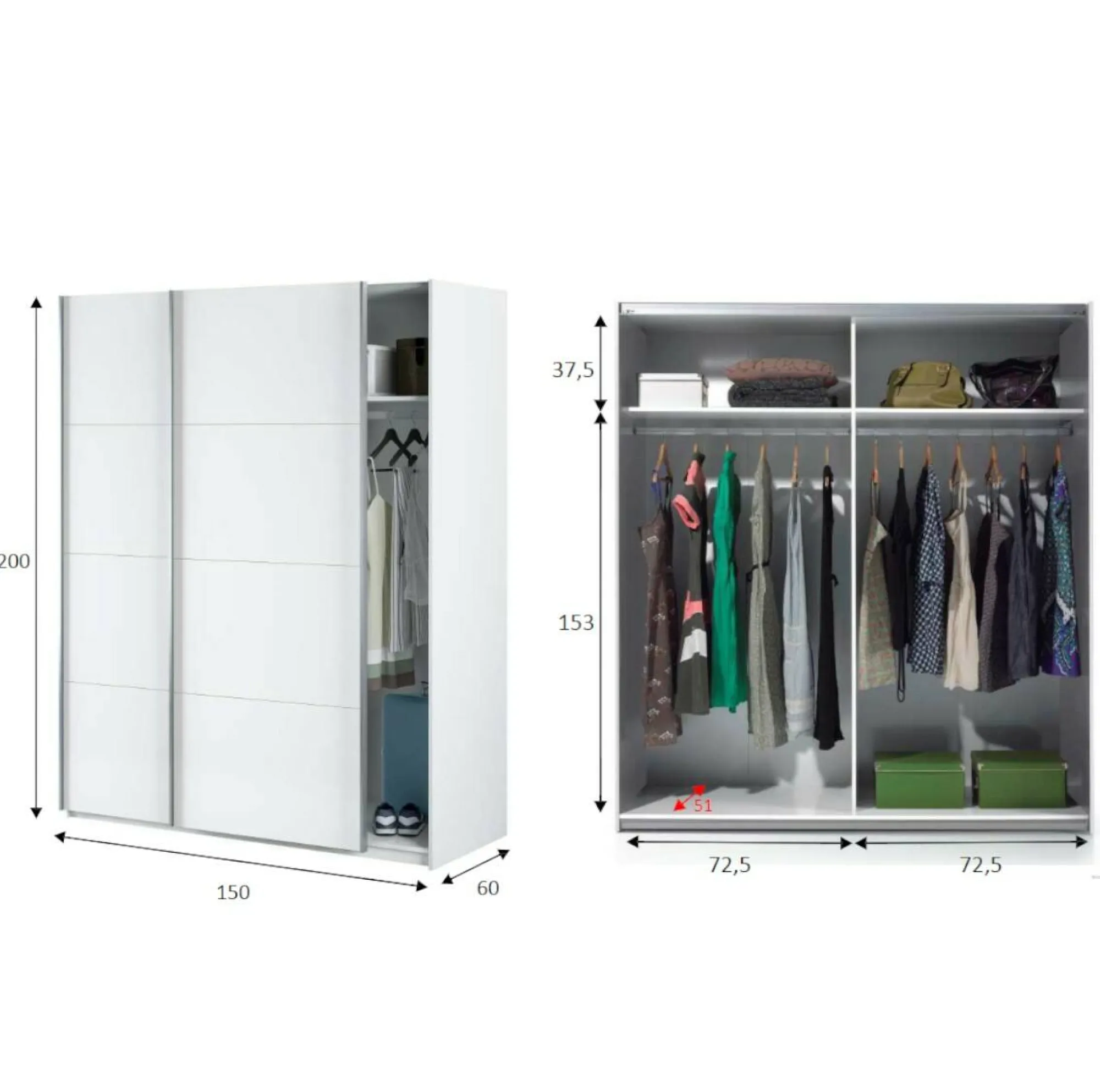 Guardaroba 2 ante Opi, 150x60h200 cm, Bianco<Dmora Outlet