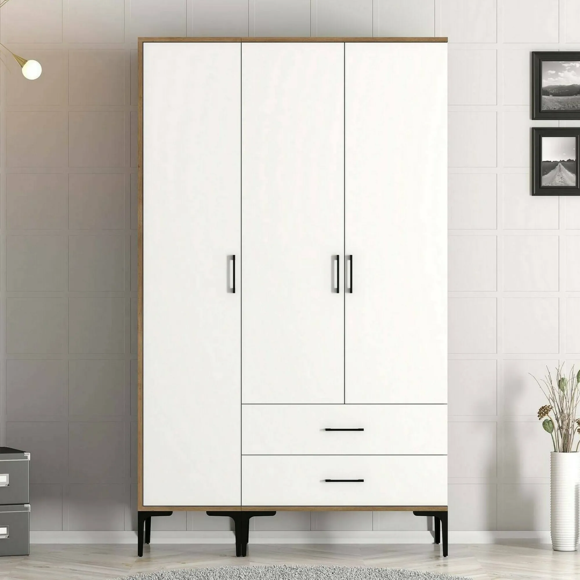 Guardaroba 3 ante Phyan, 120x201h48 cm, Noce e Bianco<Dmora Clearance