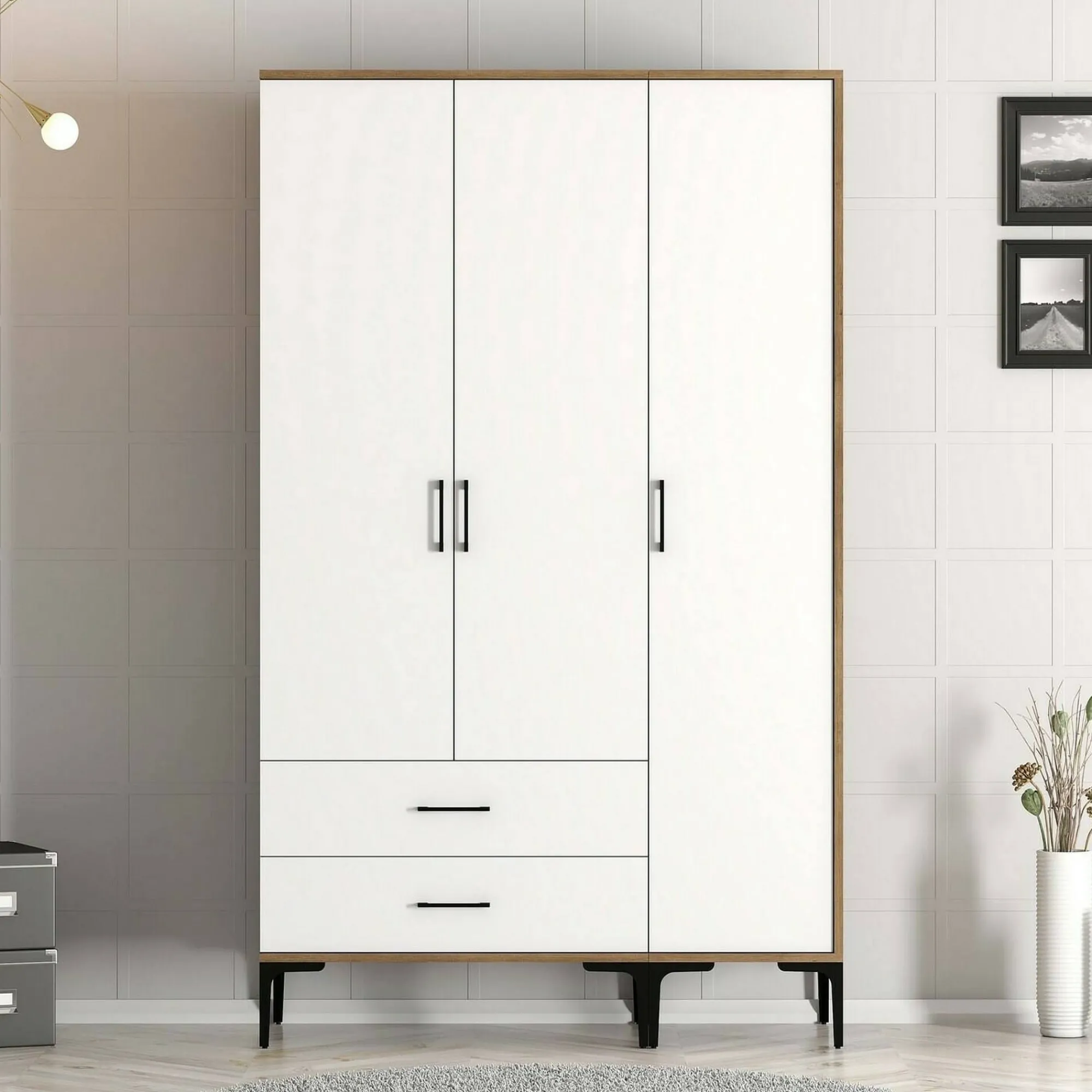 Guardaroba 3 ante Phyan, 120x201h48 cm, Noce e Bianco<Dmora Clearance