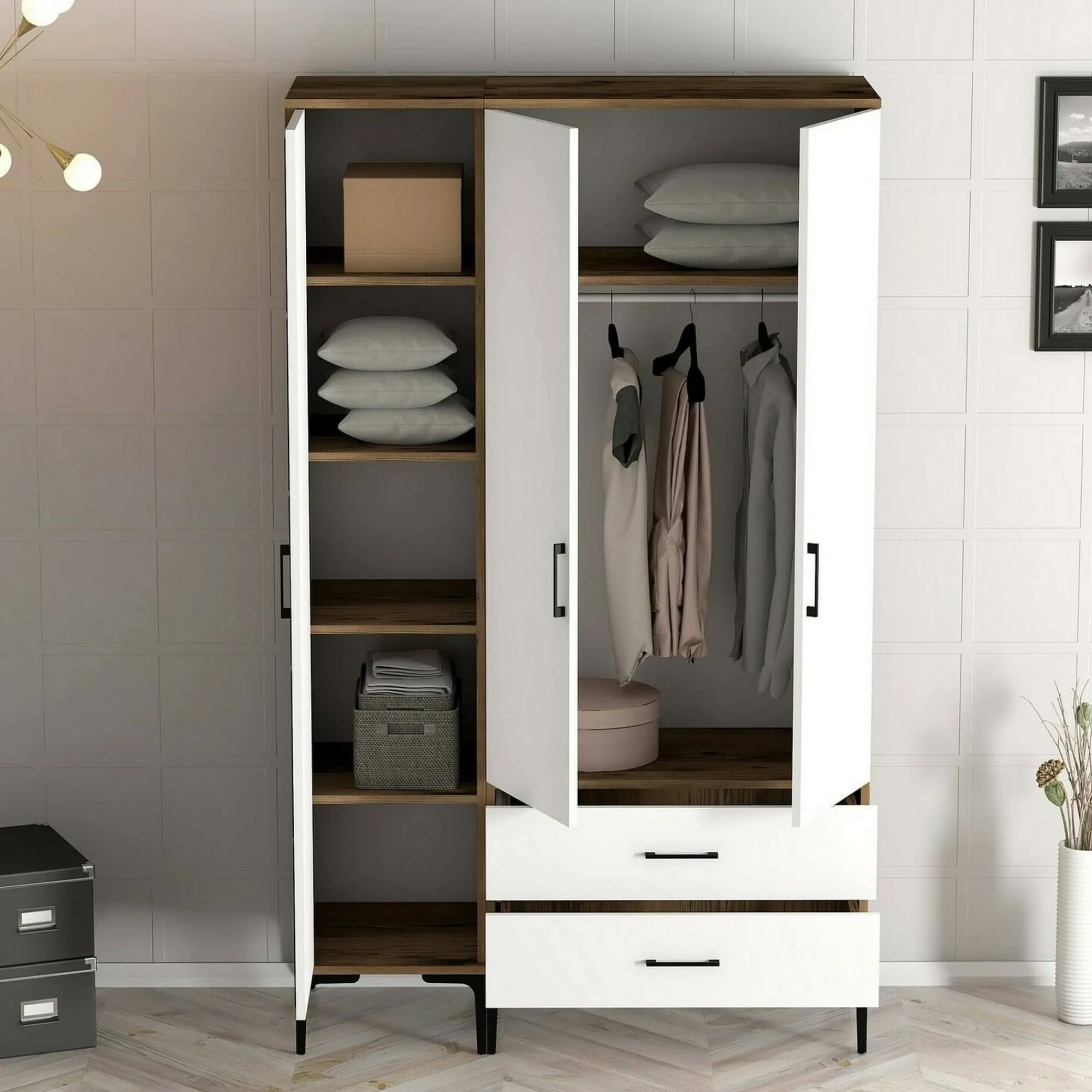 Guardaroba 3 ante Phyan, 120x201h48 cm, Noce e Bianco<Dmora Clearance