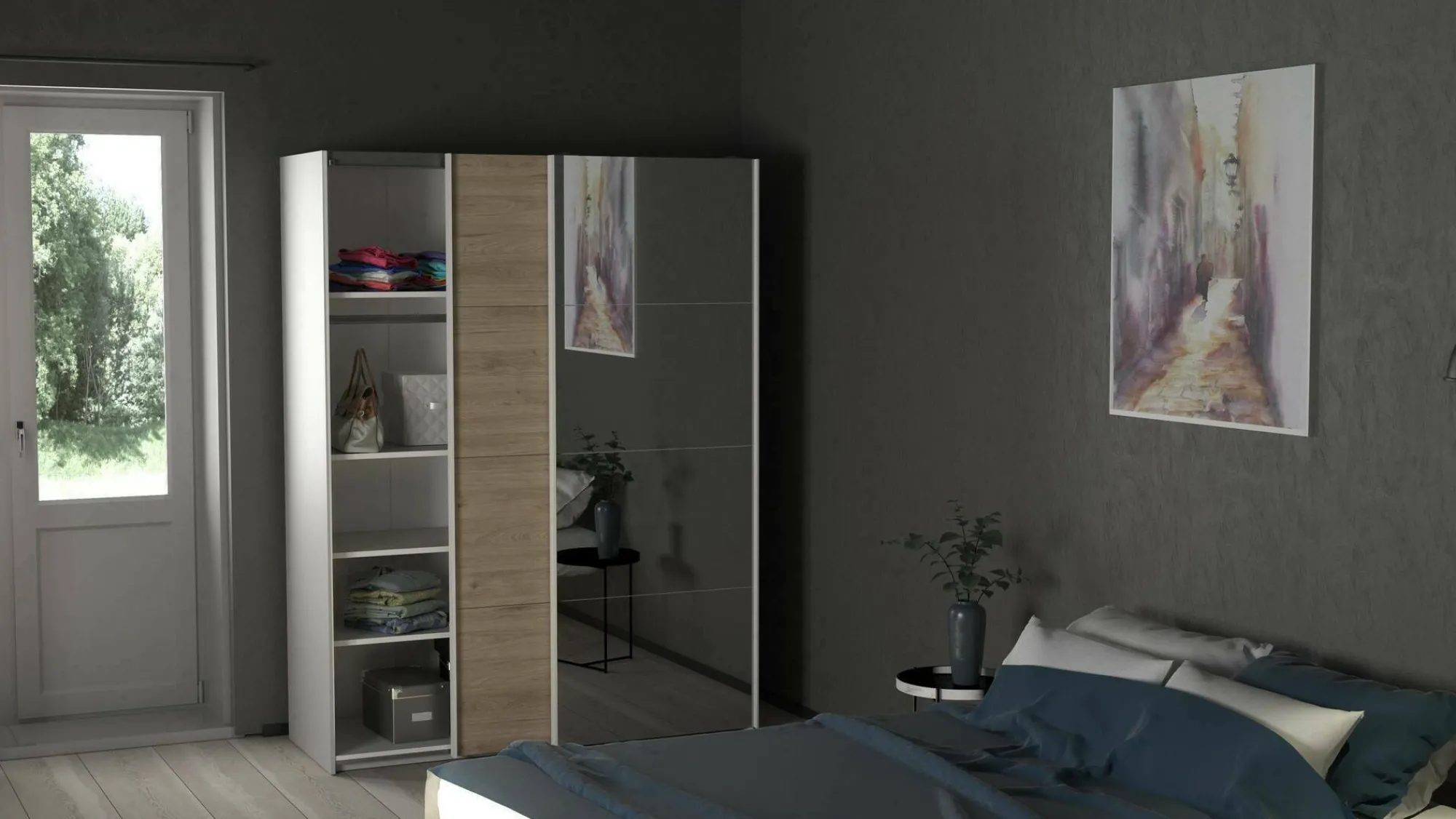 Guardaroba 2 ante Seraphine, 61x150 h200 cm, Bianco e Rovere<Dmora Outlet