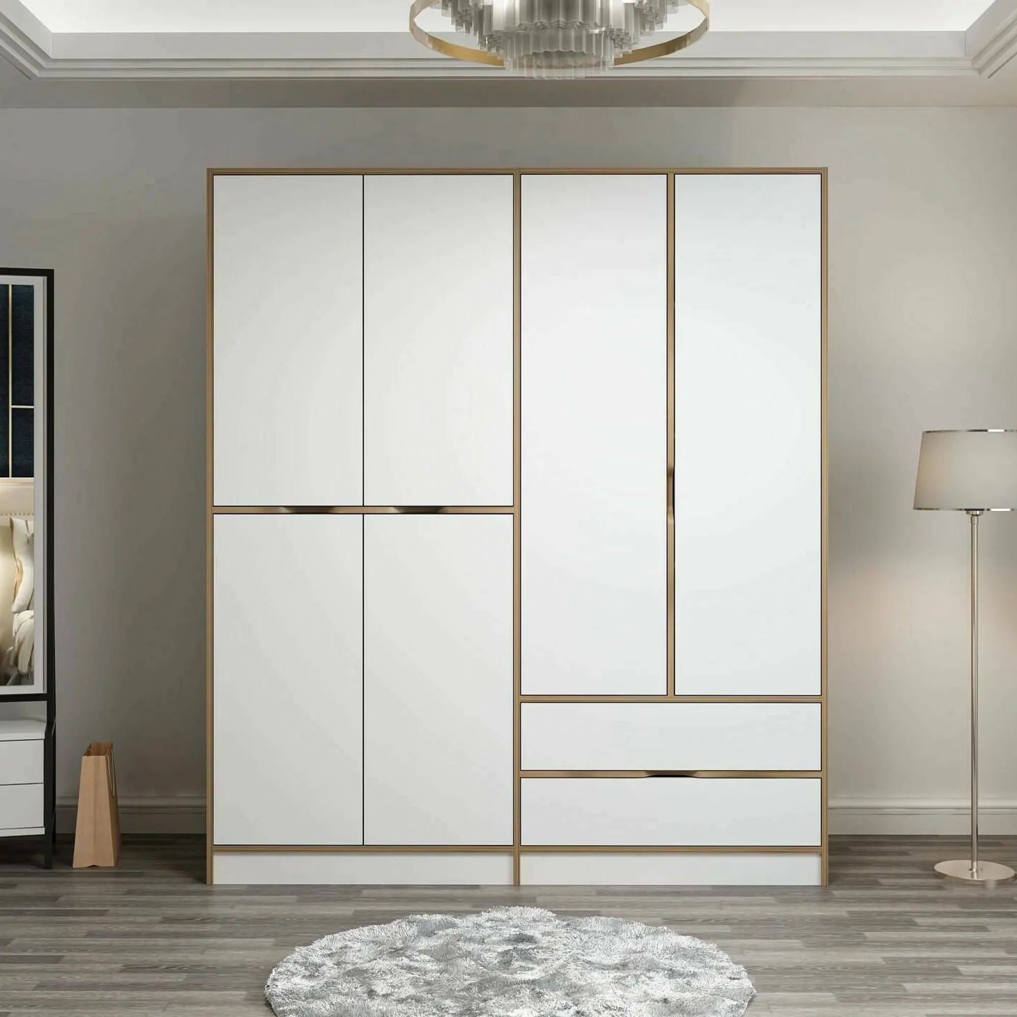 Guardaroba grande Odalys, 185x52 h208 cm, Bianco e Oro<Dmora Online