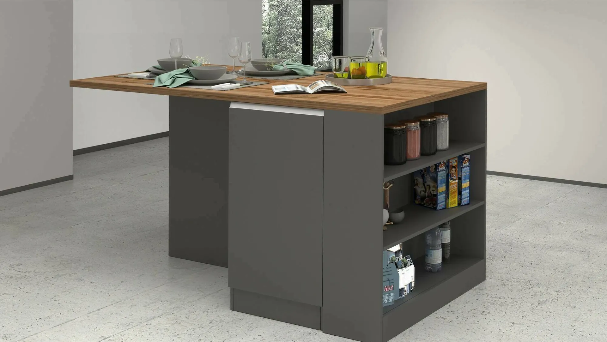 Isola da cucina Abern, 160x90h90 cm, Antracite e Rovere<Dmora Fashion
