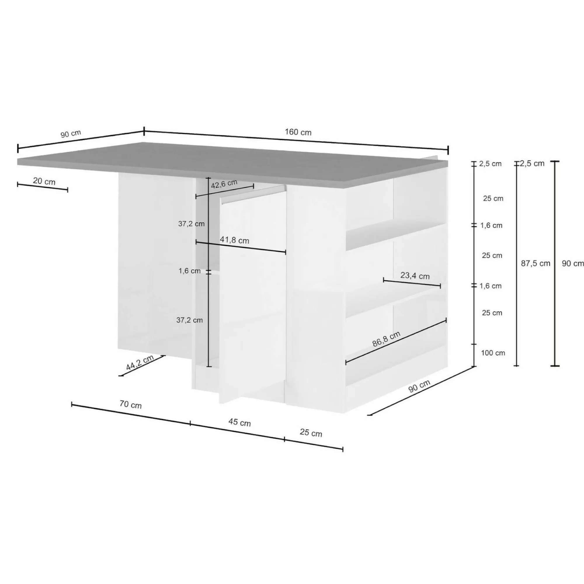 Isola da cucina Abern, 160x90h90 cm, Bianco lucido e Rovere<Dmora Cheap