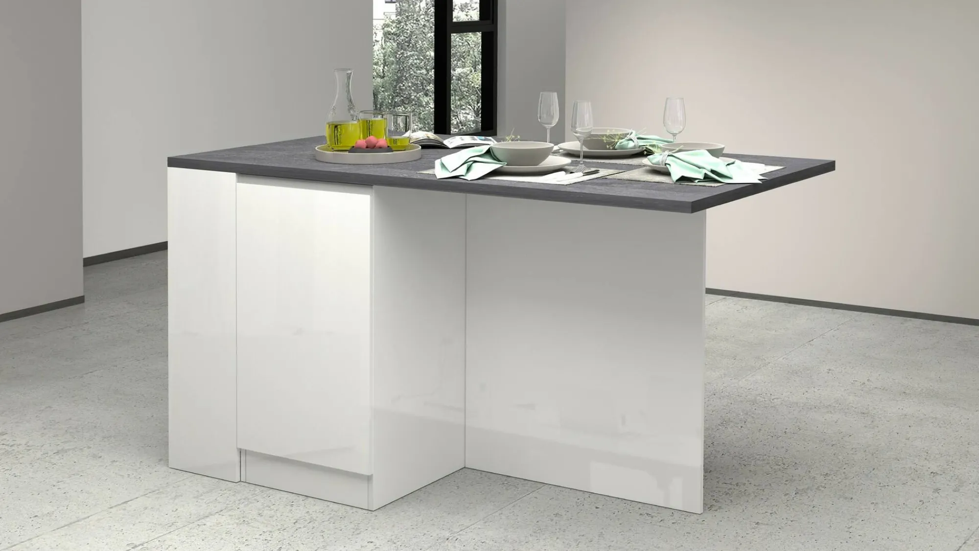 Isola da cucina Abern, 160x90h90 cm, Bianco lucido e Ardesia<Dmora Outlet