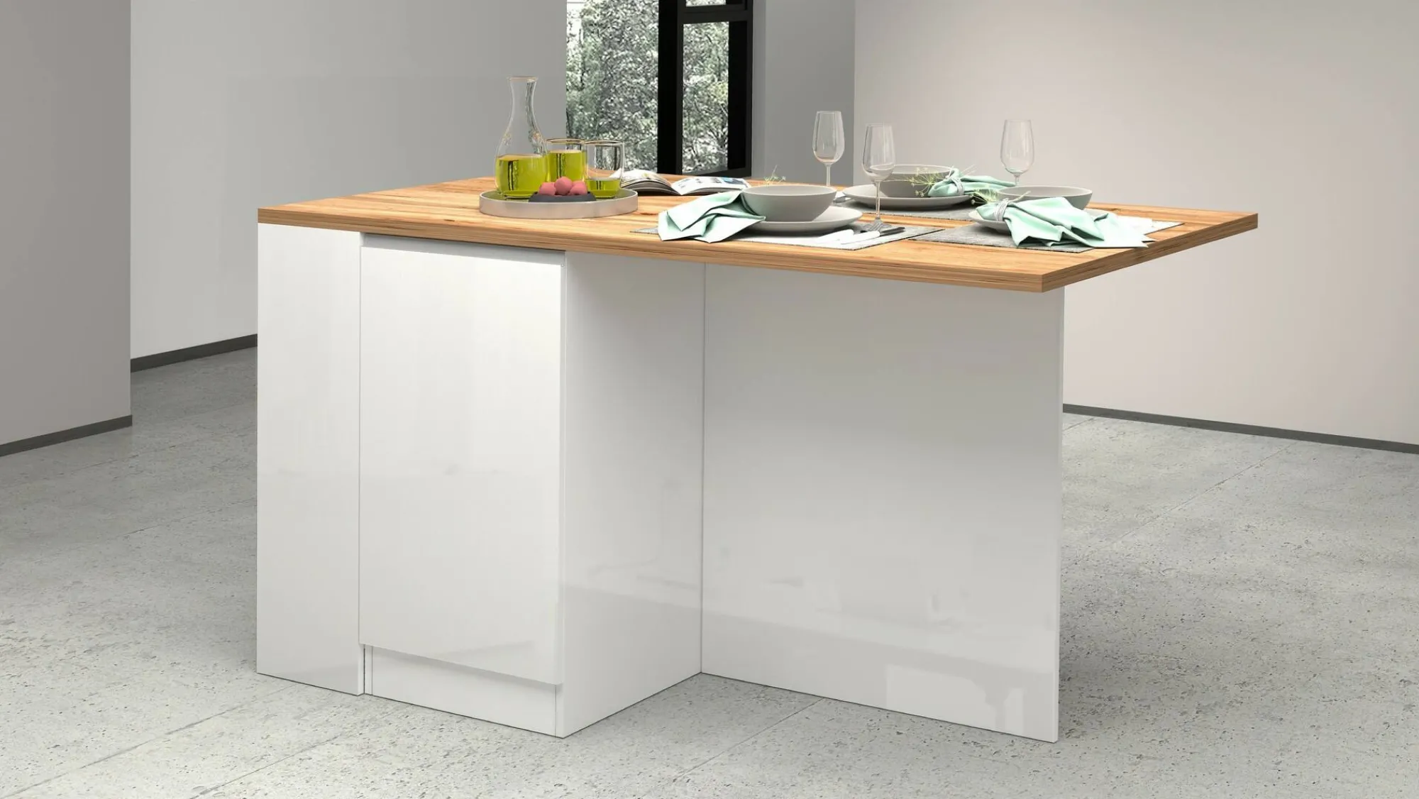 Isola da cucina Abern, 160x90h90 cm, Bianco lucido e Rovere<Dmora Cheap