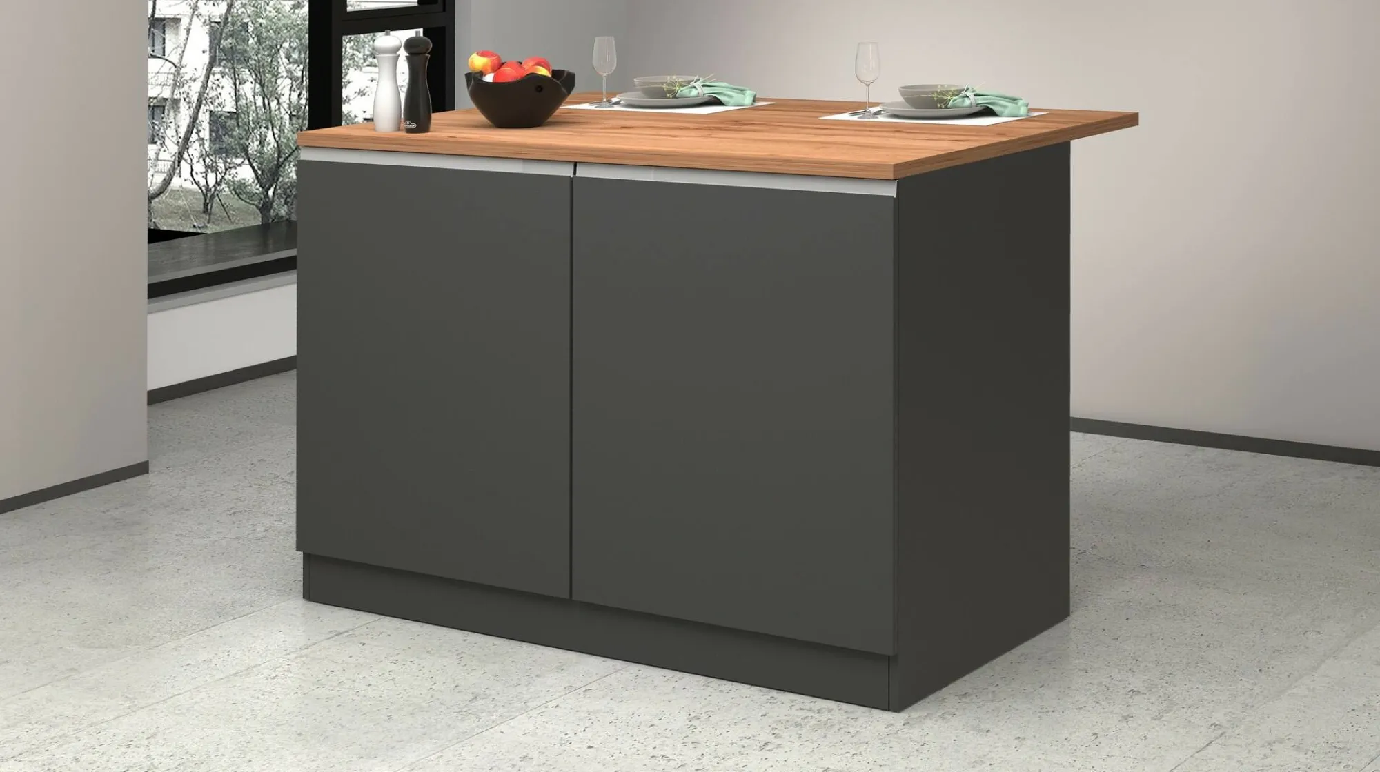 Isola da cucina Analiza, 125x90h90 cm, Antracite e Rovere<Dmora Outlet