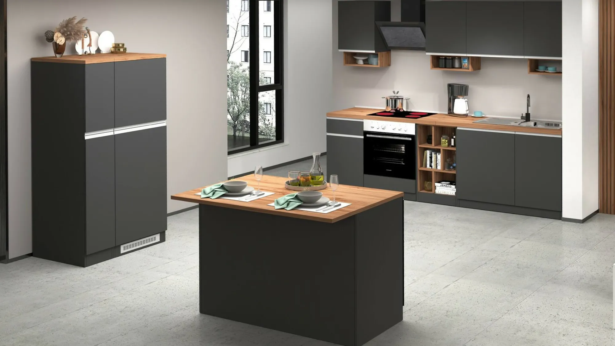 Isola da cucina Analiza, 125x90h90 cm, Antracite e Rovere<Dmora Outlet