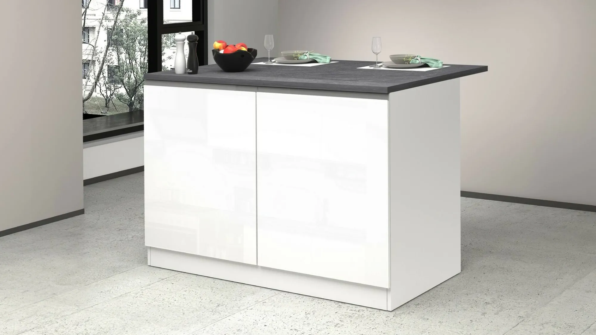 Isola da cucina Daffaticat, 125x90h90 cm, Bianco lucido e Ardesia<Dmora Hot